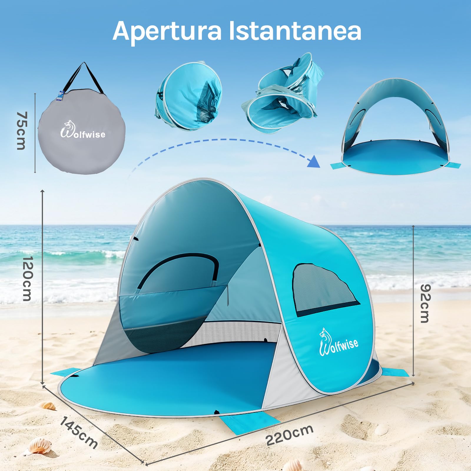 WolfWise Tenda Pop up Istantaneo, Spiaggia UPF 50+, Tenda Automatica Portabile Riparo dal Sole per Famiglia/Pesca/Trekking/Picnic