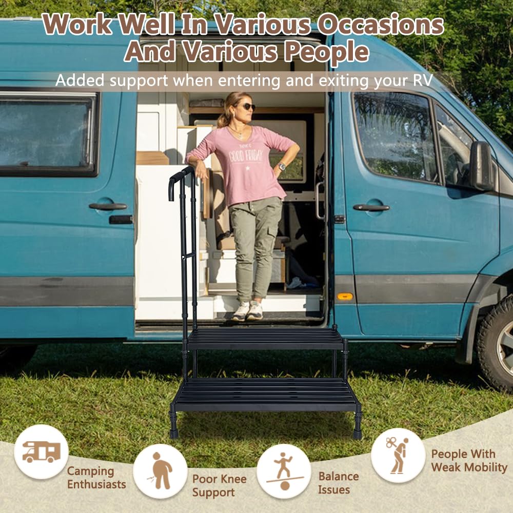 Taburete de seguridad para autocaravana, escalera de 2 escalones para exteriores, escalera de 2 escalones con pasamanos, escalones resistentes, escaleras para bañera de hidromasaje, remolques de