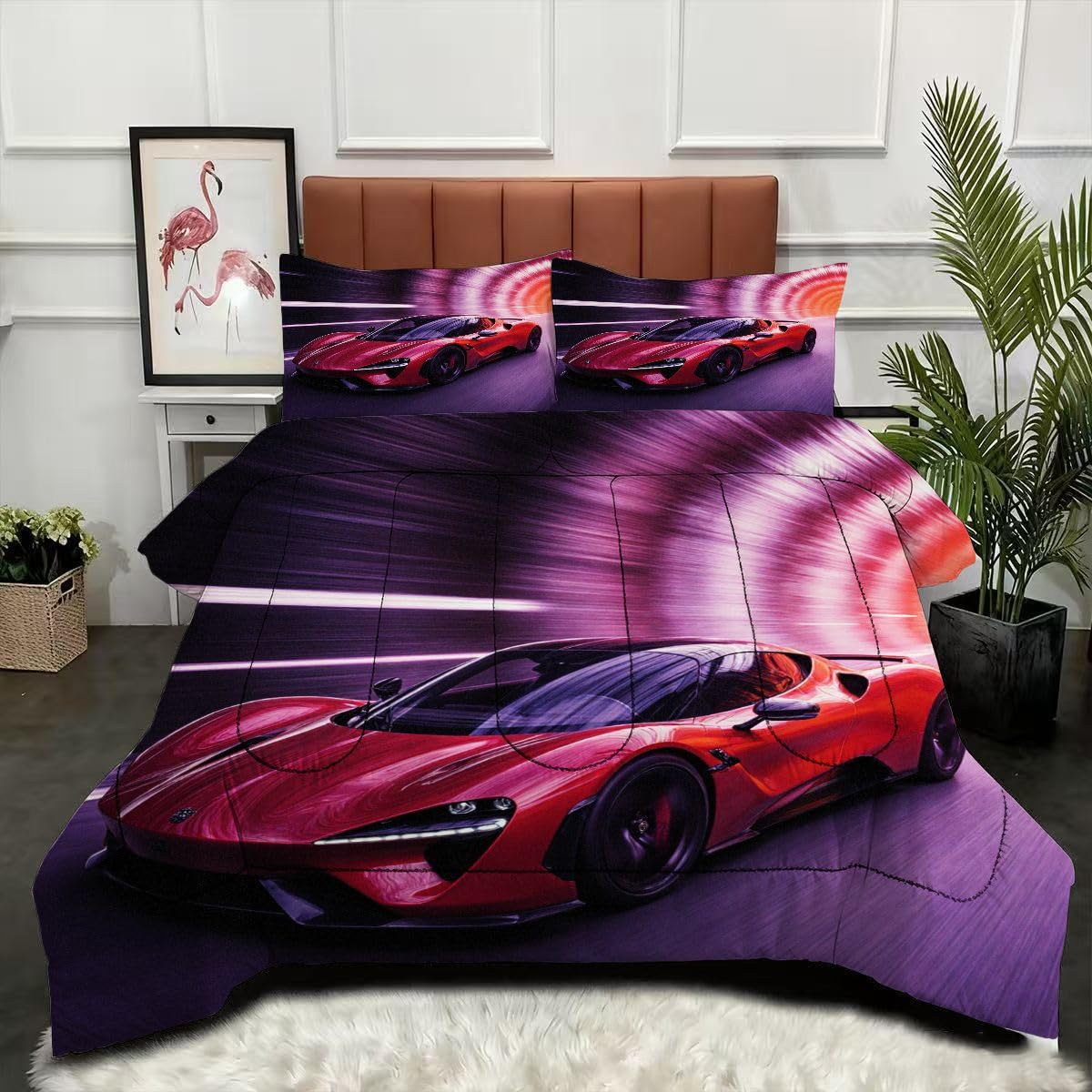 Couette 240 x 260 cm avec 2 taies d'oreiller au motif de voiture de sport 3D