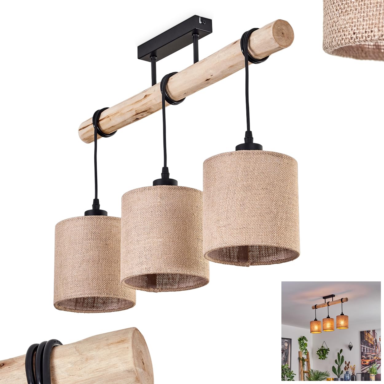 HOFSTEIN Lampada da soffitto Soungou moderna lampada da soffitto in legno/metallo/lino naturale/nero/beige, plafoniera a 3 luci, design scandinavo, 3 lampadine E27, altezza max. 82 cm, senza lampadina