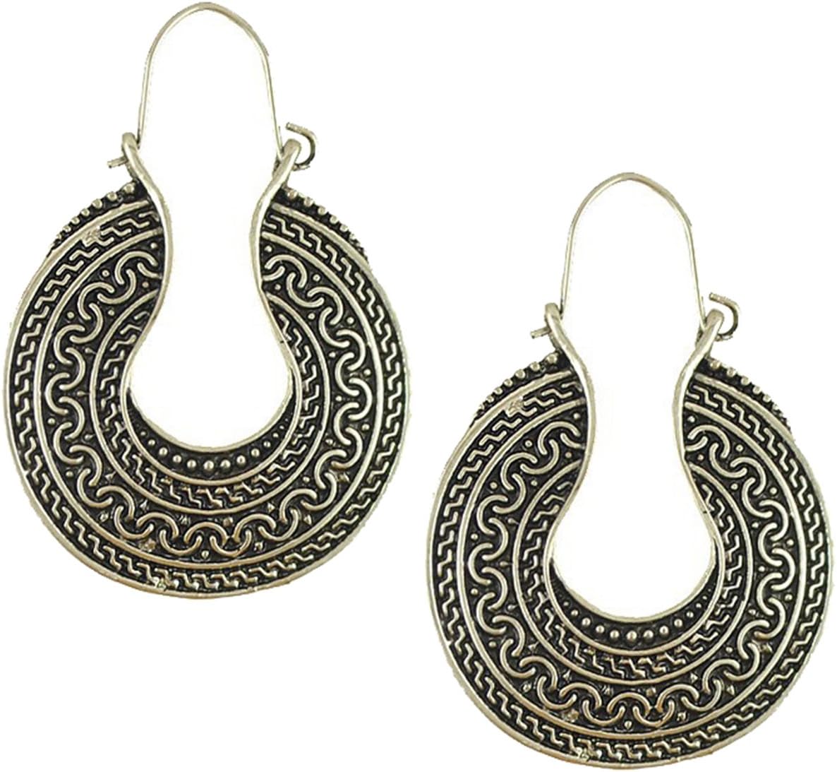 Maying Ethnic Tribal Antique Silver Tone Carved Hoop Earrings (Silver 1)