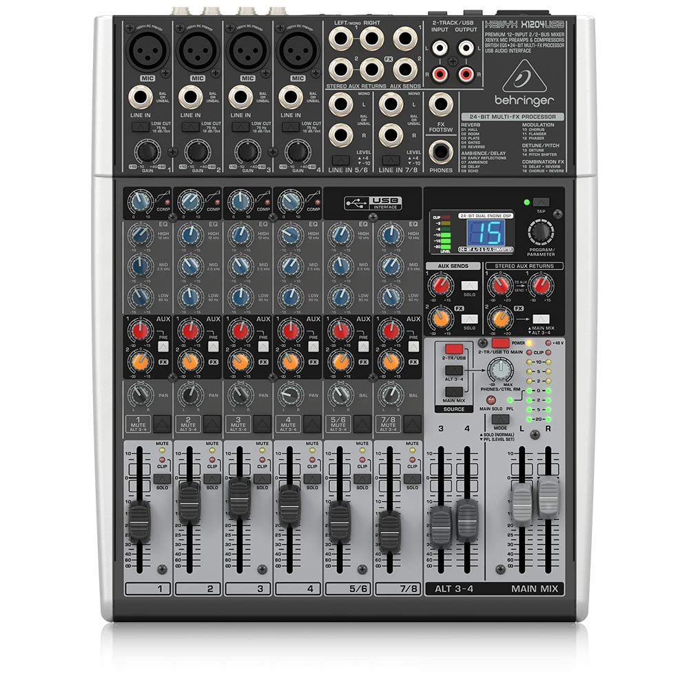 Behringer Xenyx X1204USB Mixer Professionale con Processore Effetti, 12 Ingressi e 4 Preamplificatori Microfonici, Nero, Interfaccia Audio e USB, Stagg XLRF a XLRM Plug Microfono Cavo, 3 m, Nero