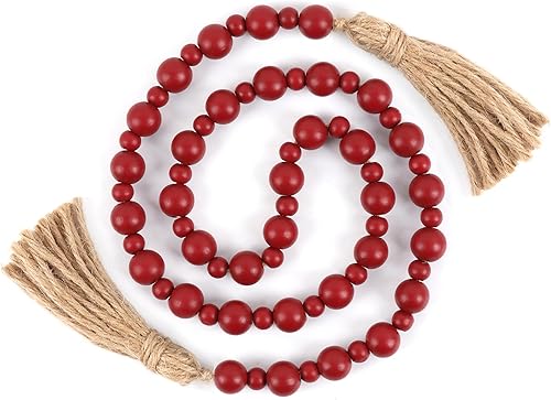Yagoo Guirnalda de cuentas de madera con borlas, decoración rústica de granja, cuentas de oración, guirnalda de borlas bohemias para decoración del