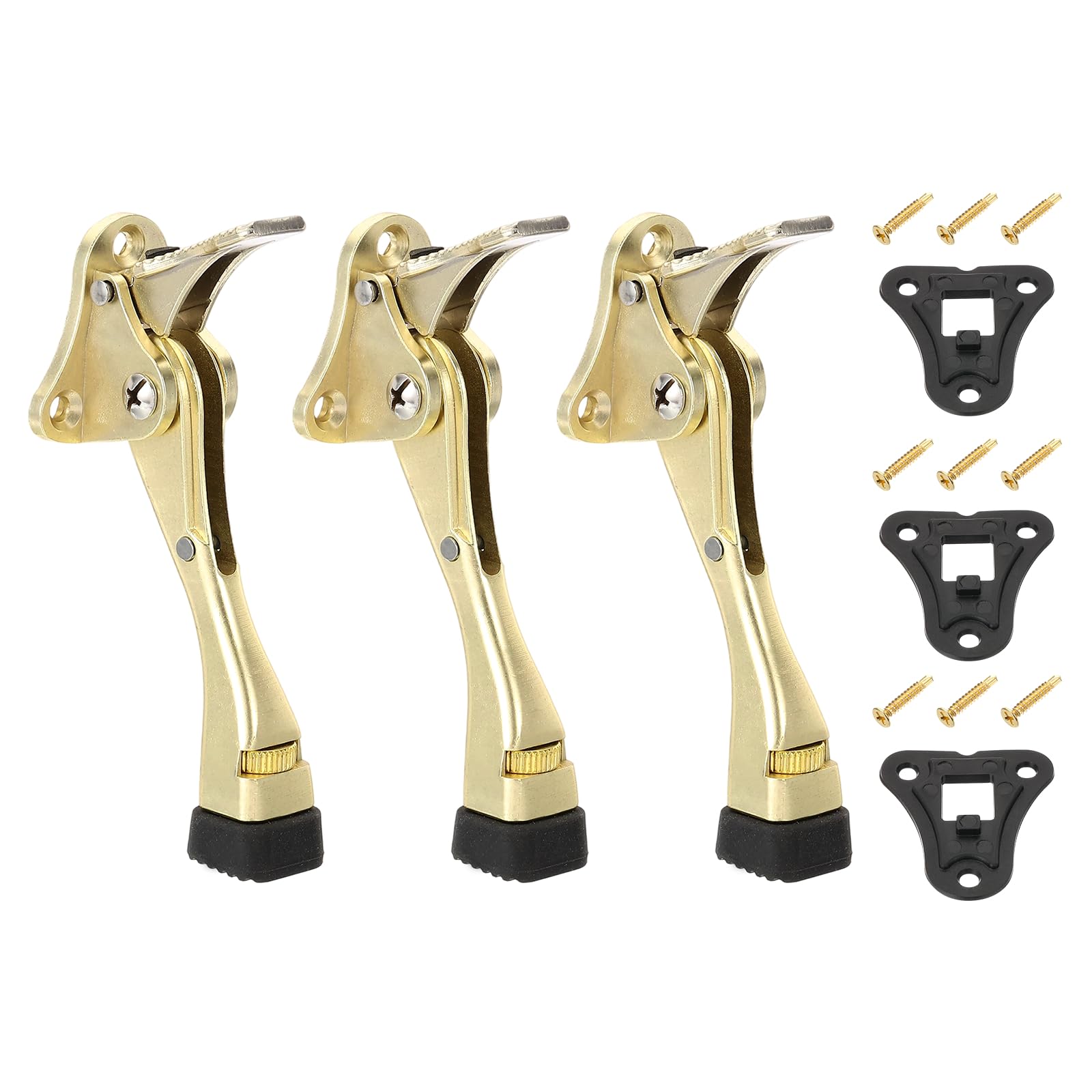 sourcing map 3 Set Kickdown Door Stopper, 4.7" Zinc Alloy Kick Down Door Stoppers for Bottom of Doors One Touch Adjustable Doors Holder with Non-Slip Rubber Tip and Screws for Home, Gold