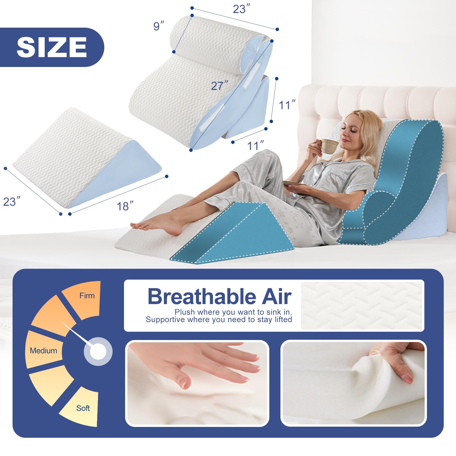 Juego de 4 almohadas de cuña para dormir, almohada ortopédica para después de la cirugía, soporte de espuma viscoelástica ajustable para sentarse en la cama, dolor de espalda, ERGE, alivio de
