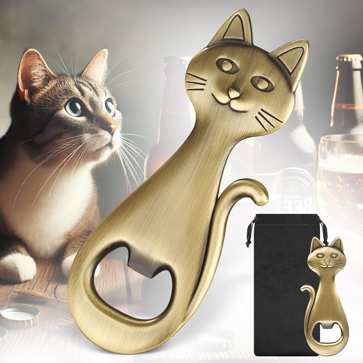 LULLEA Cat Beer Bottle Opener, Cat Gifts for Cat Lovers, Kitty Beer Opener, Birthday Gifts, Christmas Gifts for Women Men, Bronze with Bag