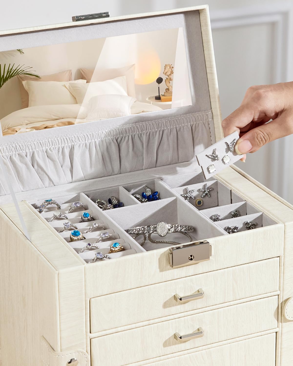 Yorbay Caja de joyas grande con espejo para mujer: 6 niveles y 5 cajones | Organiza Collares Anillos Relojes y Pendientes-Tocador y Viajes-Minijoyero Extraíble y 2 Compartimentos Laterales