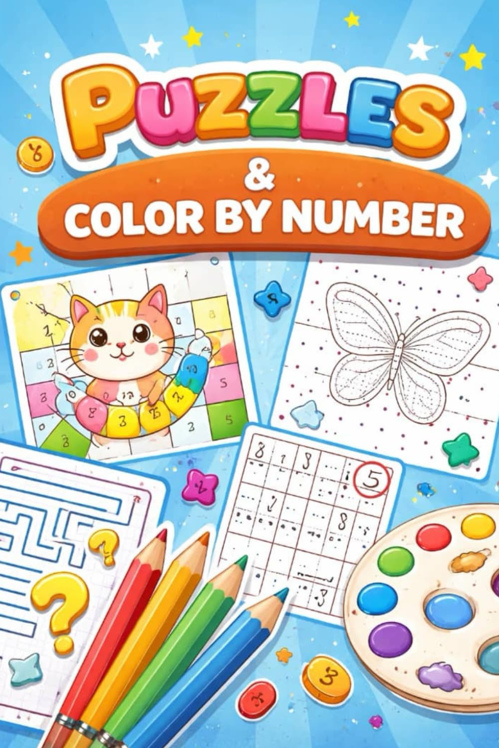 Puzzles and color by numbers: Fun Brain Games, Coloring Activities & Relaxing Puzzles for Kids and Adults