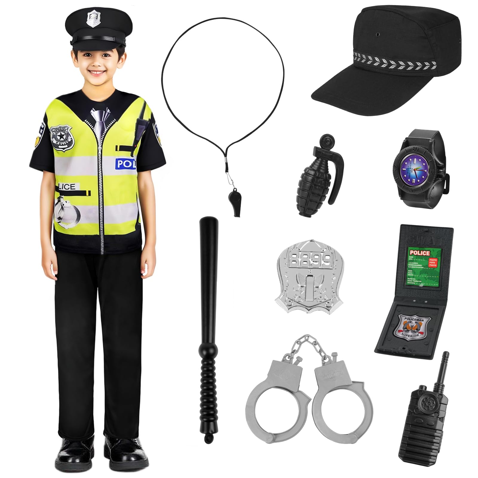 Aomig Police Costumes Kids Policeman Uniform Outfit, 11 Pcs Police Officer Outfit Dress Up, Fancy Policeman Dress Up Costume Set for Roleplay Halloween Christmas World Book Day(Green-L)