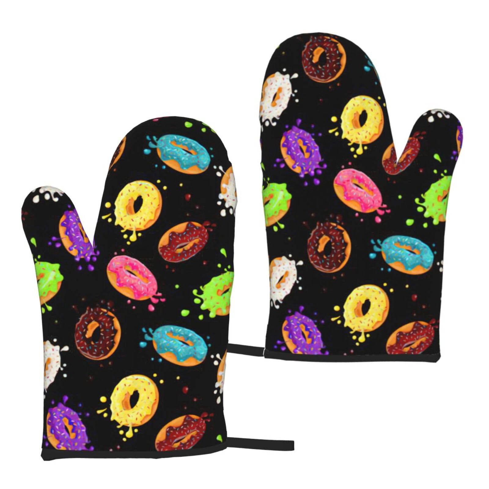 Nimongt Women's Black Donut Print Adults Universal Fit Heat Resistant Oven Gloves Reusable Cooking Outdoor Grilling