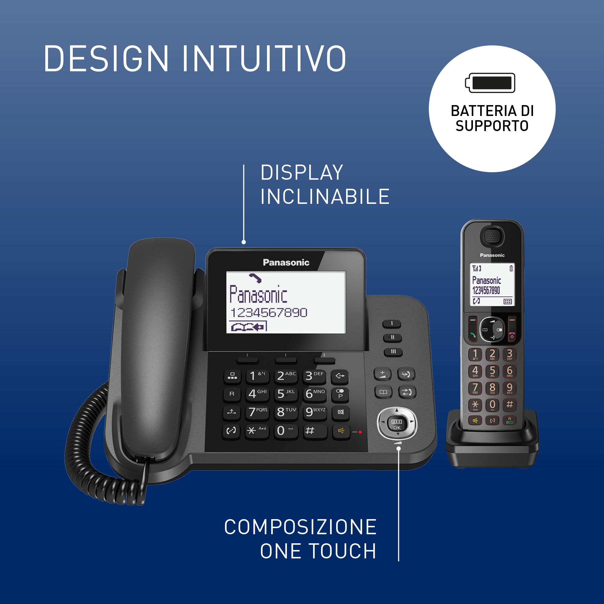 Panasonic KX-TGF310EXM Telefono Digitale Cordless/con Filo, Base e Ricevitore Singolo, Vivavoce, Display LCD Inclinabile, Blocco Chiamate Indesiderate, Alimentazione di Emergenza, Sicurezza DECT, Nero