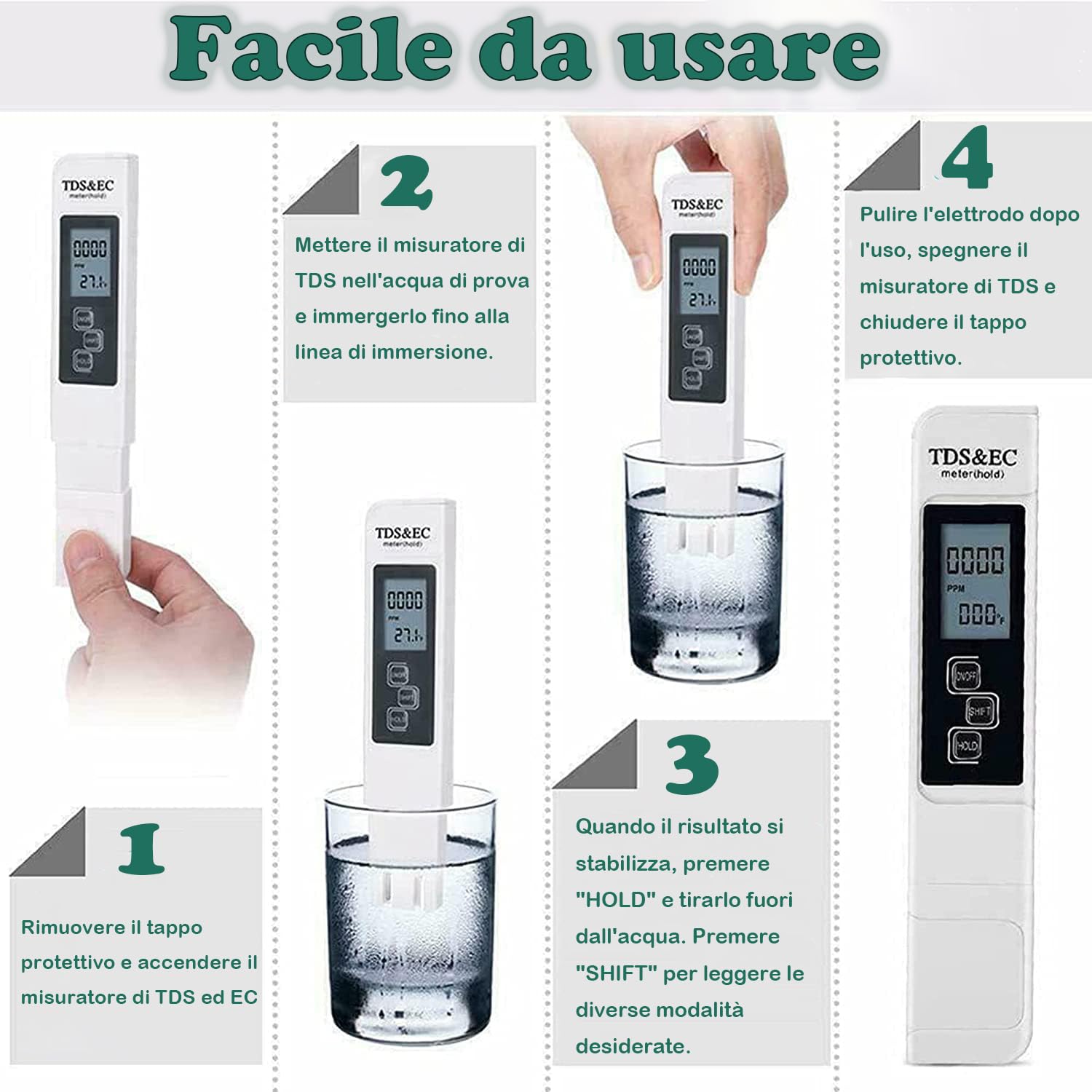 Tester digitale LCD per la qualità dell'acqua Misuratore TDS EC e Temperatura 3 in 1, Precisione di Lettura +/- 2%, 0-9990 PPM set, per Acqua Potabile/Piscina/Acquario/Piscina