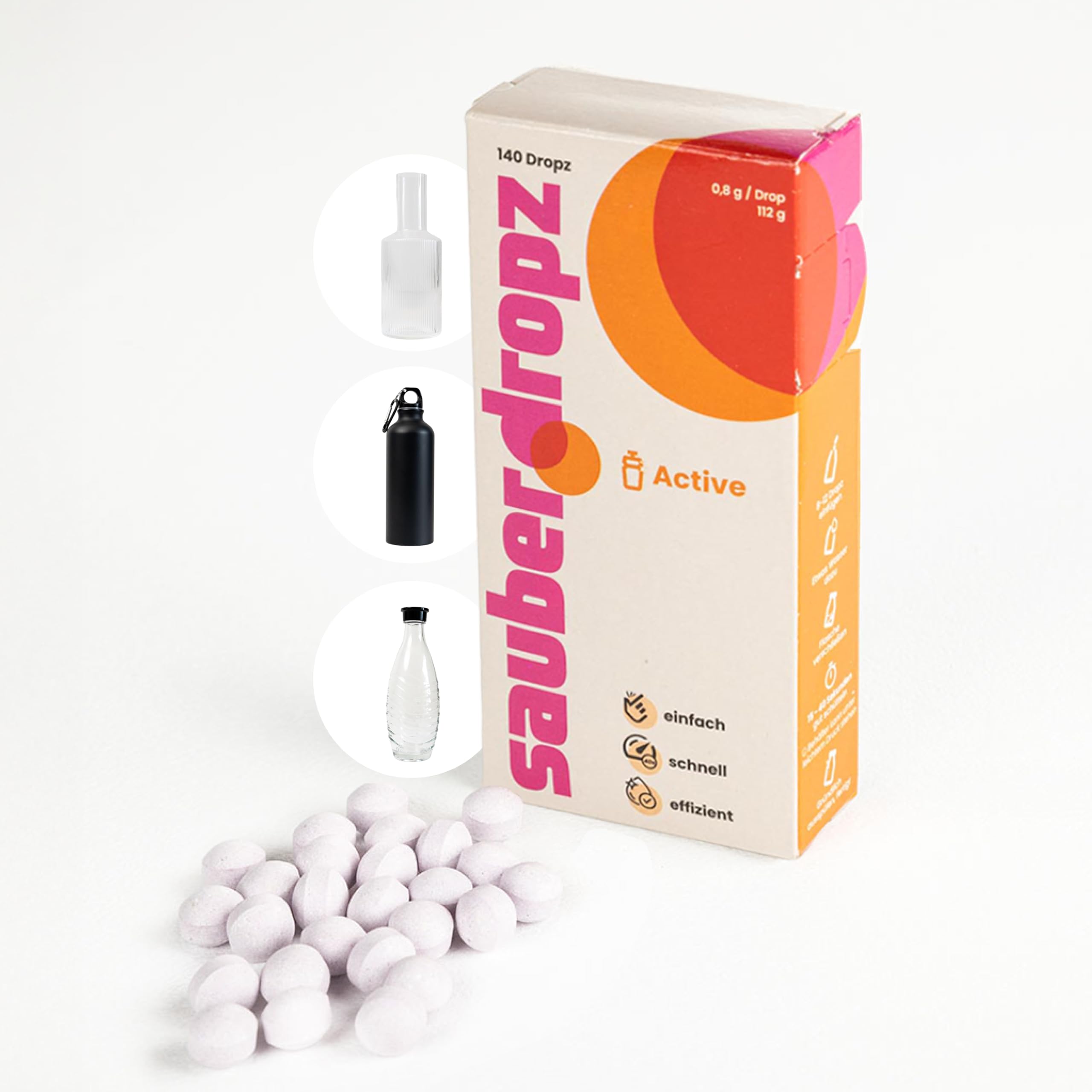 Sauberdropz Active – Trinkflaschen-Reinigungstabs, 140 Drops, MADE IN AUSTRIA – für Sportflaschen, Thermosflaschen und Wasserflaschen aus Edelstahl, Aluminium & Glas, einfache Reinigung in 40 Sekunden