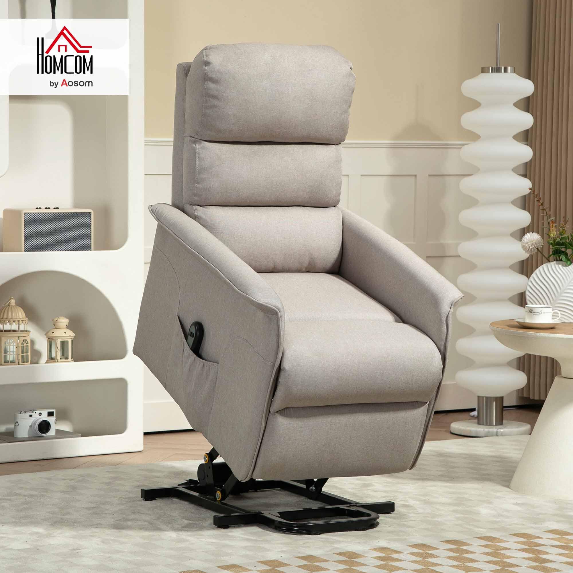 HOMCOM Poltrona Alzapersona Elettrica Reclinabile con Poggiapiedi, Poltrona Relax con Telecomando e Tasca, Beige