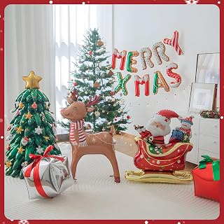 [7 in 1] Christmas Decor Set Foil Balloons Decorations with Xmas Mylar Banner, Reindeer & Sleigh, Xmas Tree, Gift Box with Air Pump & String for Party Decorations (Christmas Set 1)