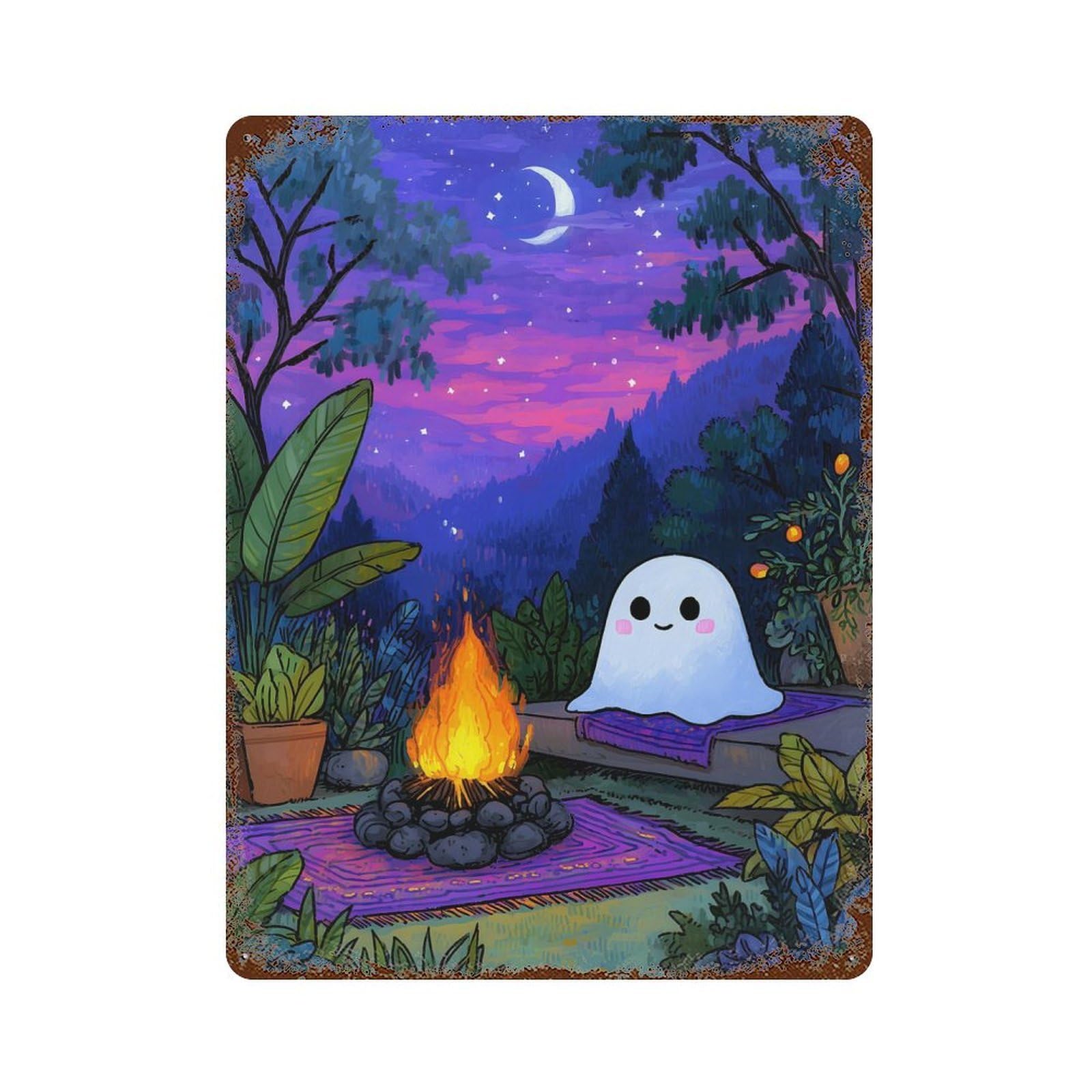 Cute Ghost Campfire Night Scene Vintage Rust Metal Sign 15.7"x11.8", for Pub, Kitchen And Man Cave Decor, Rustic Home Decor