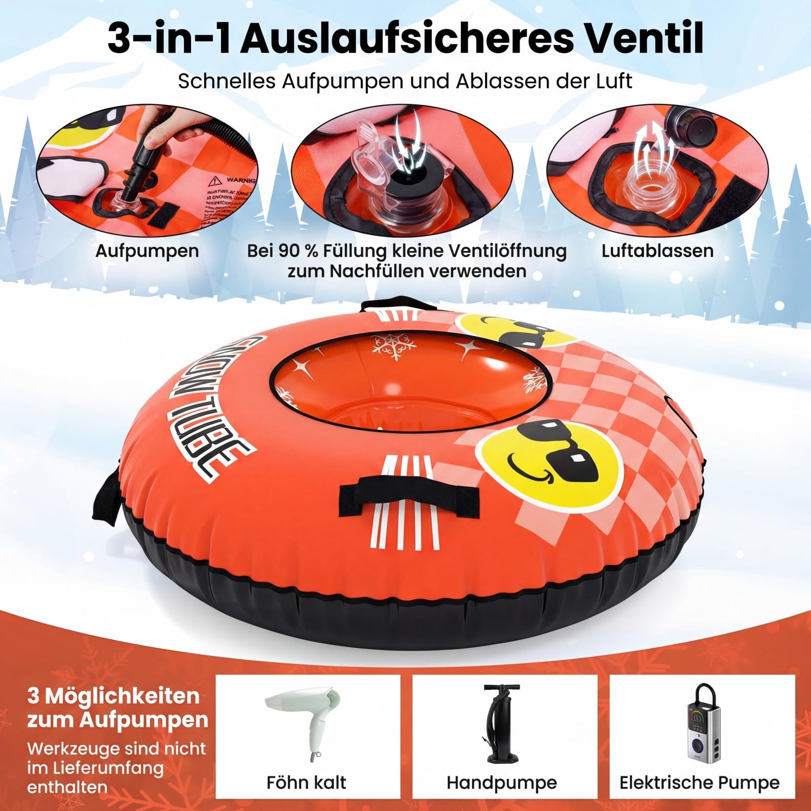 COSTWAY Aufblasbarer Schneereifen mit Schleppleine, 107 cm Snowtube, aufblasbarer Schlitten mit Griffen, Rodelreifen für Kinder und Erwachsene (Orange)