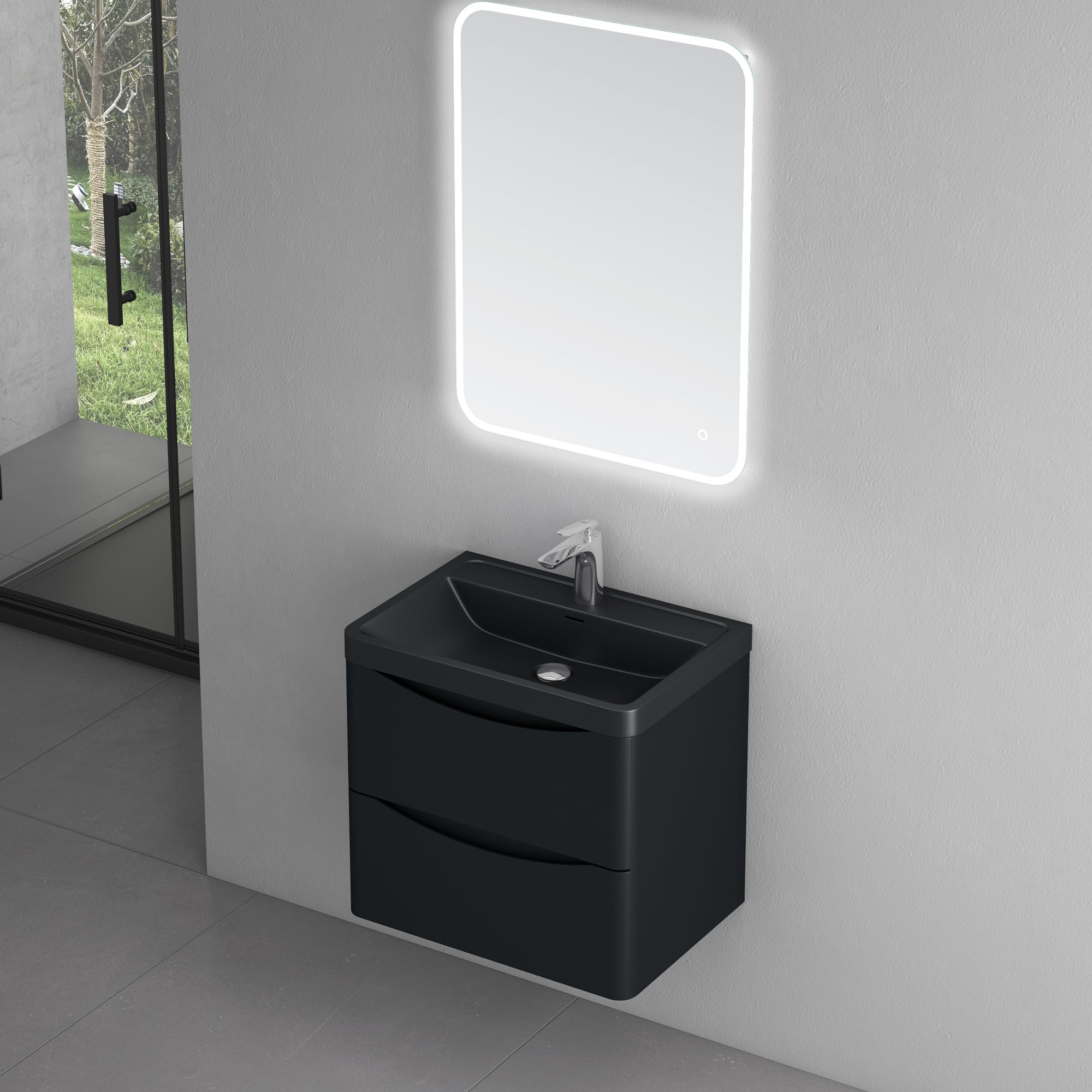 doporro Meuble de Salle de Bain Suspendus Noir Mat 60x42x50cm Ensemble de 2 Pièces Meuble avec Lavabo Design Smile-Lackier