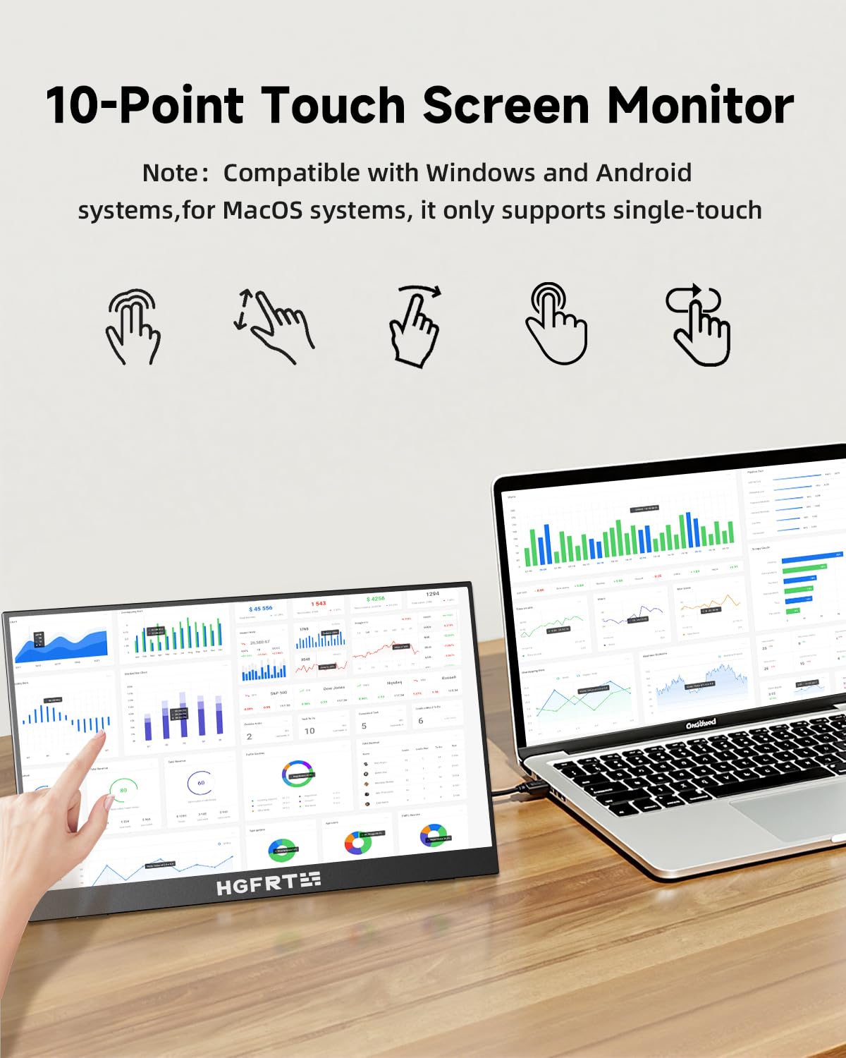 HGFRTEE 15,6 pollici monitor portatile touch screen FHD 1920 x 1080 IPS – display touch screen con USB-C/HD, montaggio VESA, modalità di protezione degli occhi per console, 15,6T