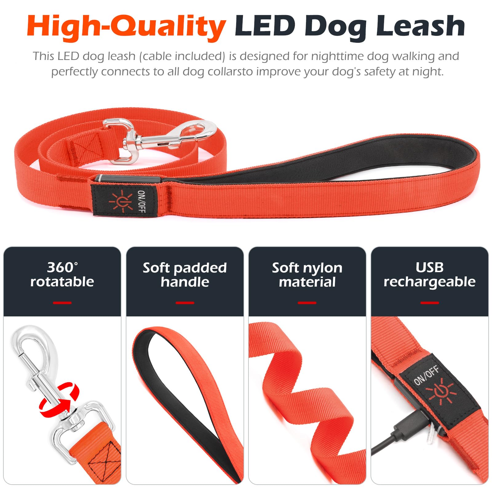 Correa LED para perro, correa de nailon recargable micro USB, correa de seguridad estándar para perros de 4 pies (naranja)