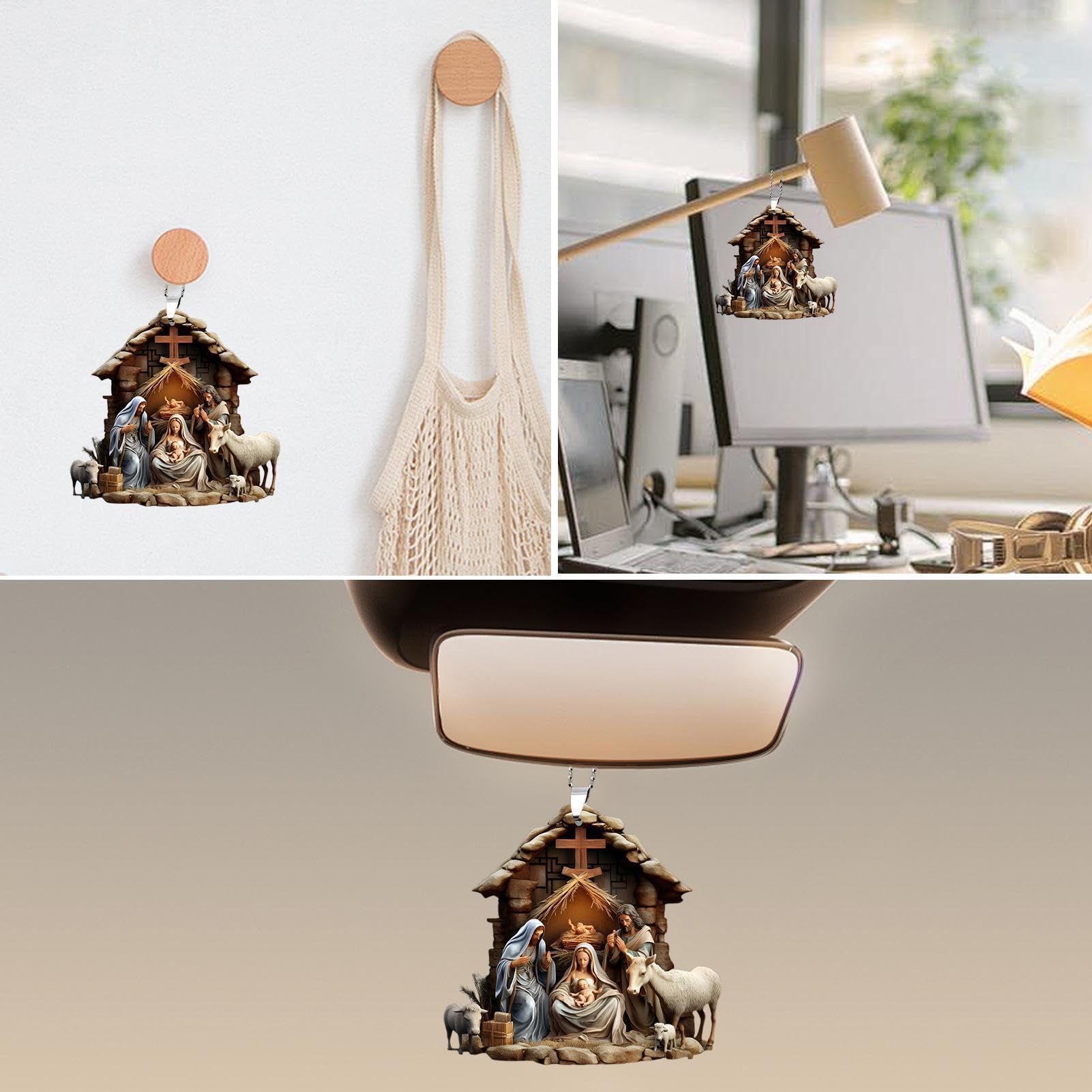Kerststal Ornamenten | 2D Acryl Kerststal Ornamenten voor Kerstboom | Kerststal Boom Ornamenten, Creatieve Kerststal Hanger Ornament voor Auto