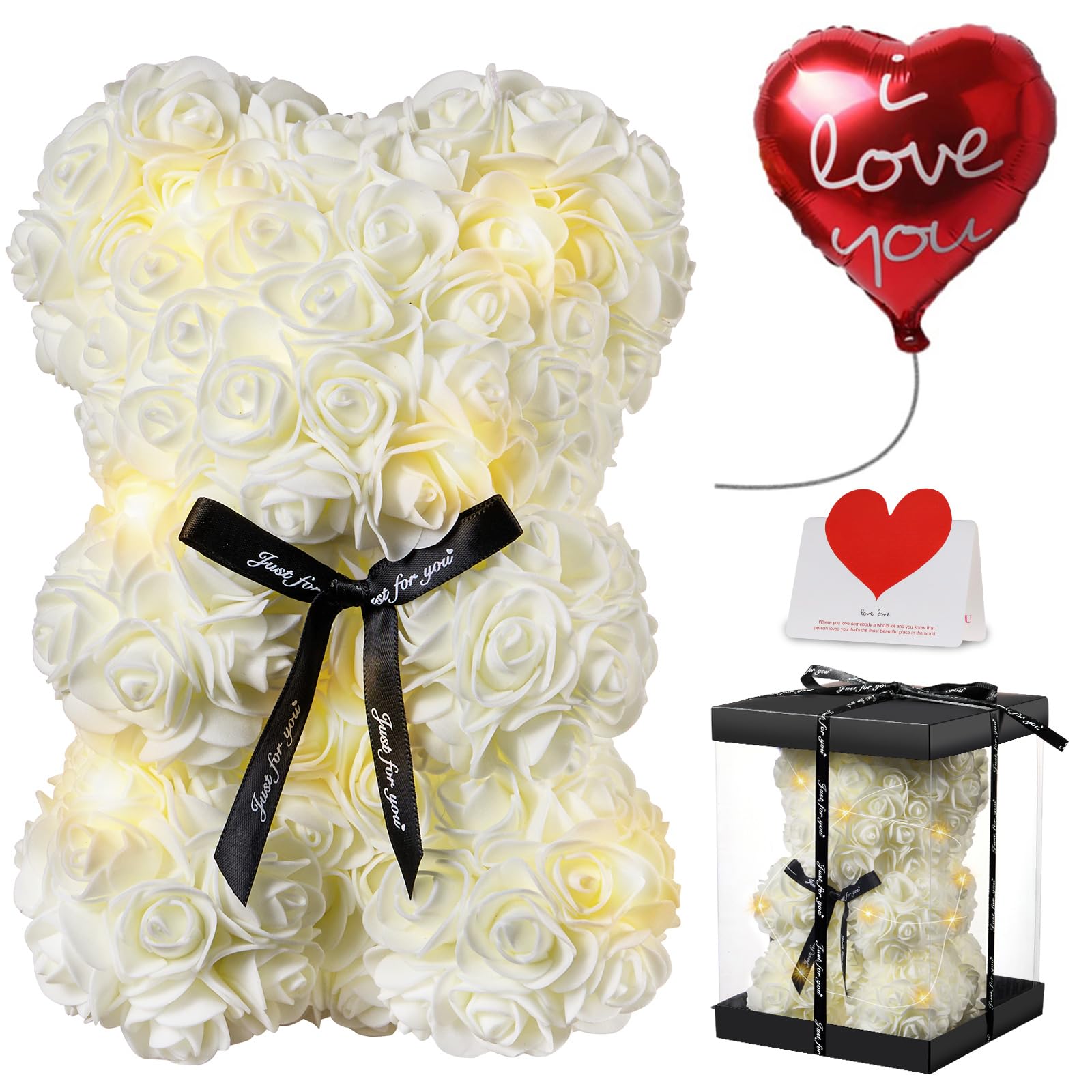 Rose Bear Valentines Day Flower Gifts for Her, Rose Teddy Bear with Lights, Cute Teddy Flower Bear, Birthday Gift for Girl, Romantic Present for Wife Girlfriend With Transparent Gift Box and Love Card
