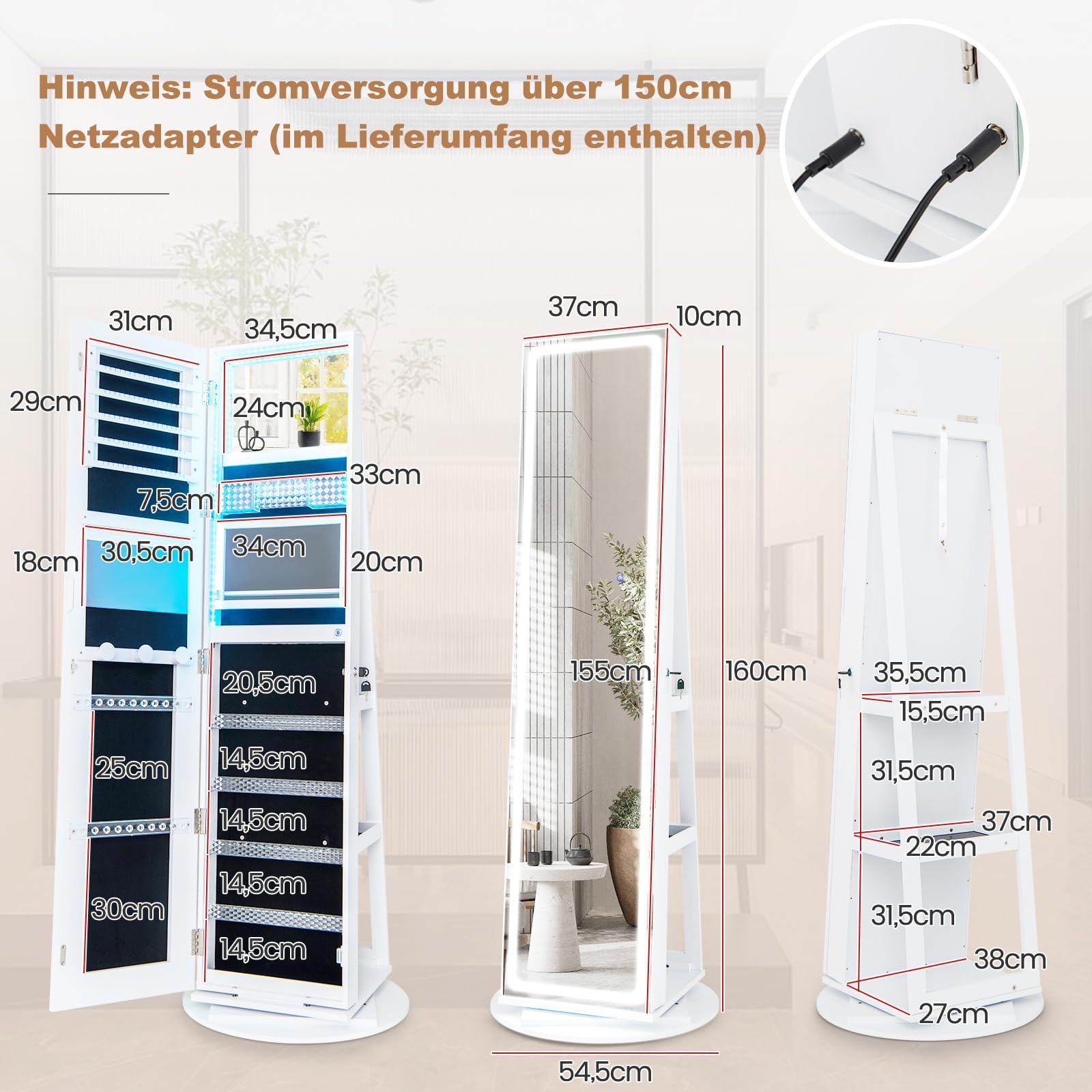 COSTWAY Szafka na biżuterię z lustrem, szafka z lustrem z regulowanymi diodami LED, zamykana, obracana o 360° podstawa i duża przestrzeń do przechowywania