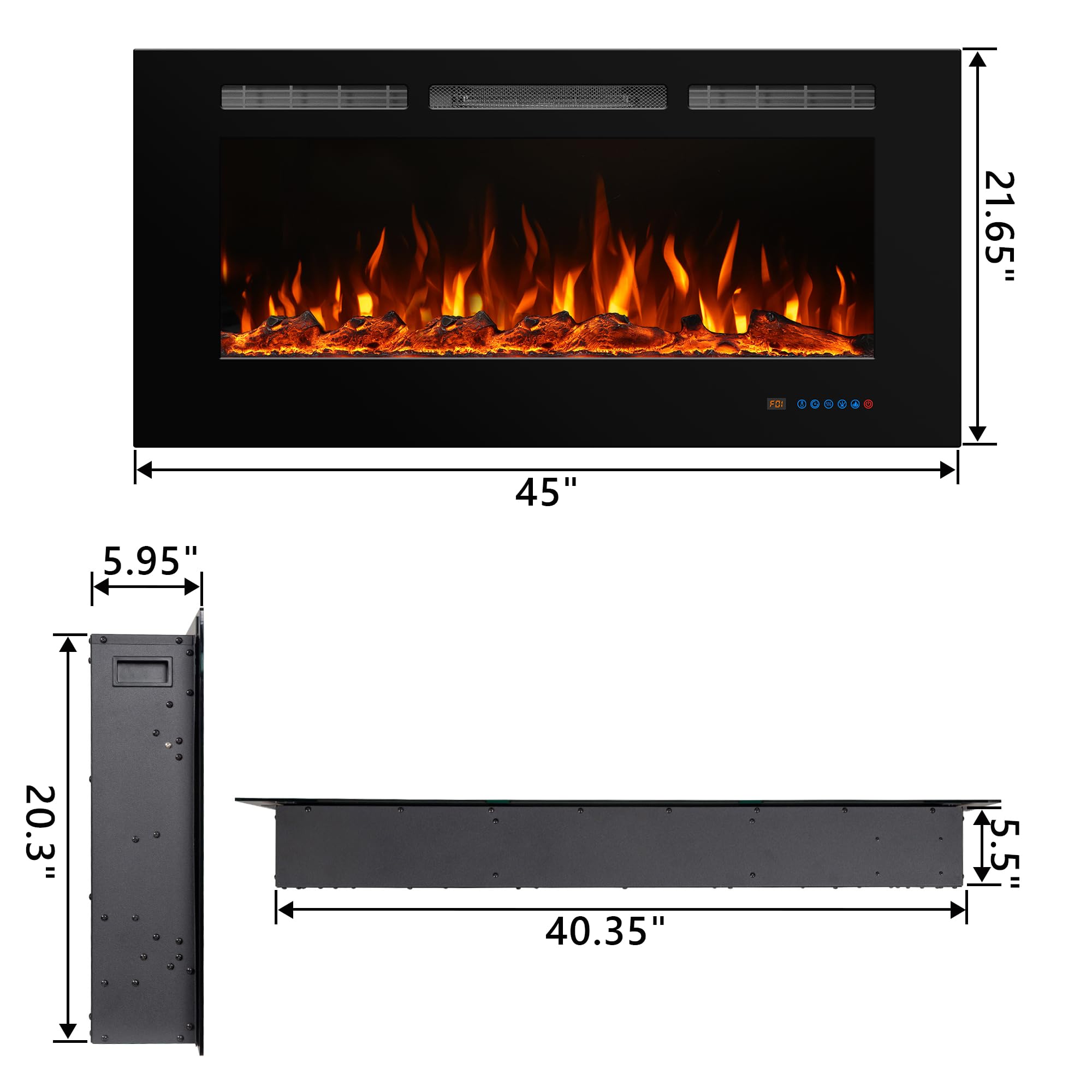 Benrocks 45'' Electric Fireplace Inserts, Recessed & Wall Mount Electric Heater and Linear Fireplace with Remote Control, Adjustable Flame Color, Temperature, Hard Wired & Plug in