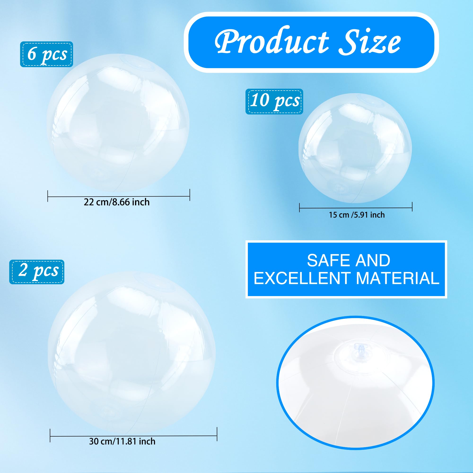 18 Pack 16 Inch 12 Inch 8 Inch Inflatable Clear Beach Ball Transparent Beach Ball Inflatable Clear Ball Balloons for Summer Beach Pool Party Favor, 3 Size - Image 2