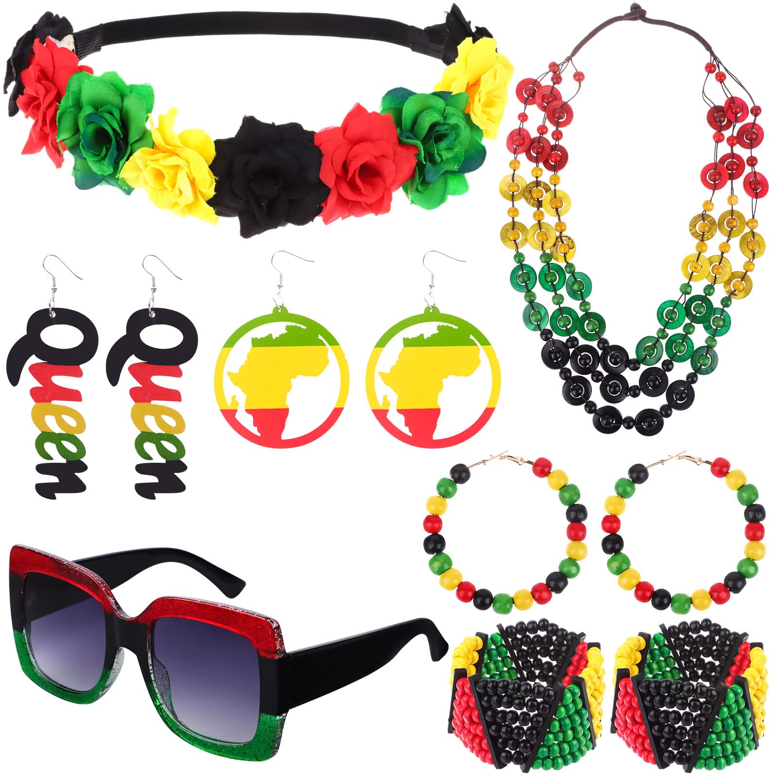 37YIMU 9 Pcs Juneteenth African Women Jewelry Set Multicolor Beaded Bracelet Necklace Wooden Earrings Square Sunglasses Flower Crown Accessories for Women Girls