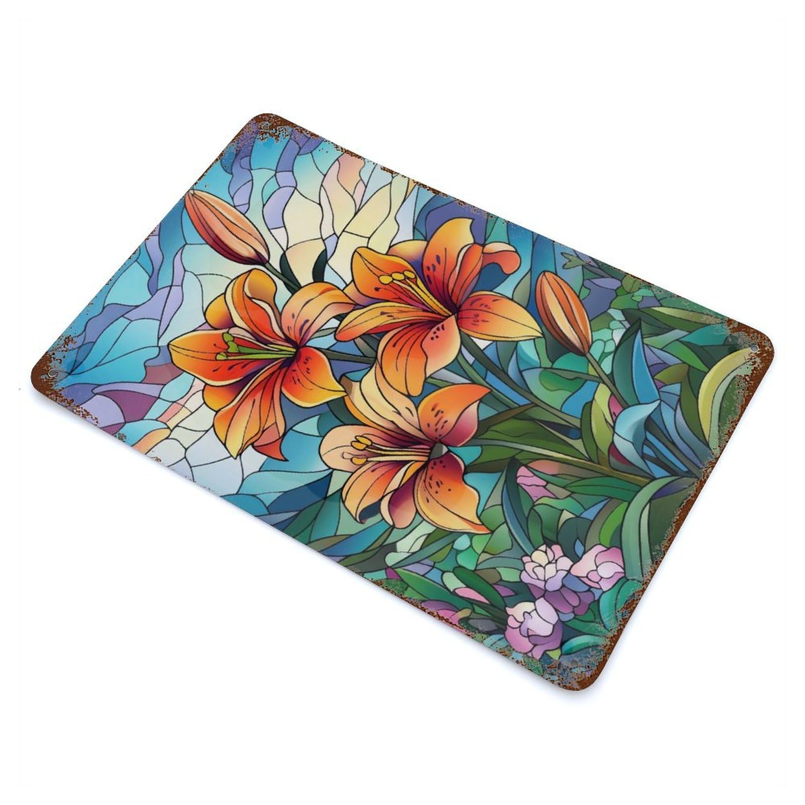 Rust Effect Stained Glass Lilies Rusty Metal Tin Sign 11.8"x7.9", Old School Wall Decor for Basement, Hobby Room And Garage Decor