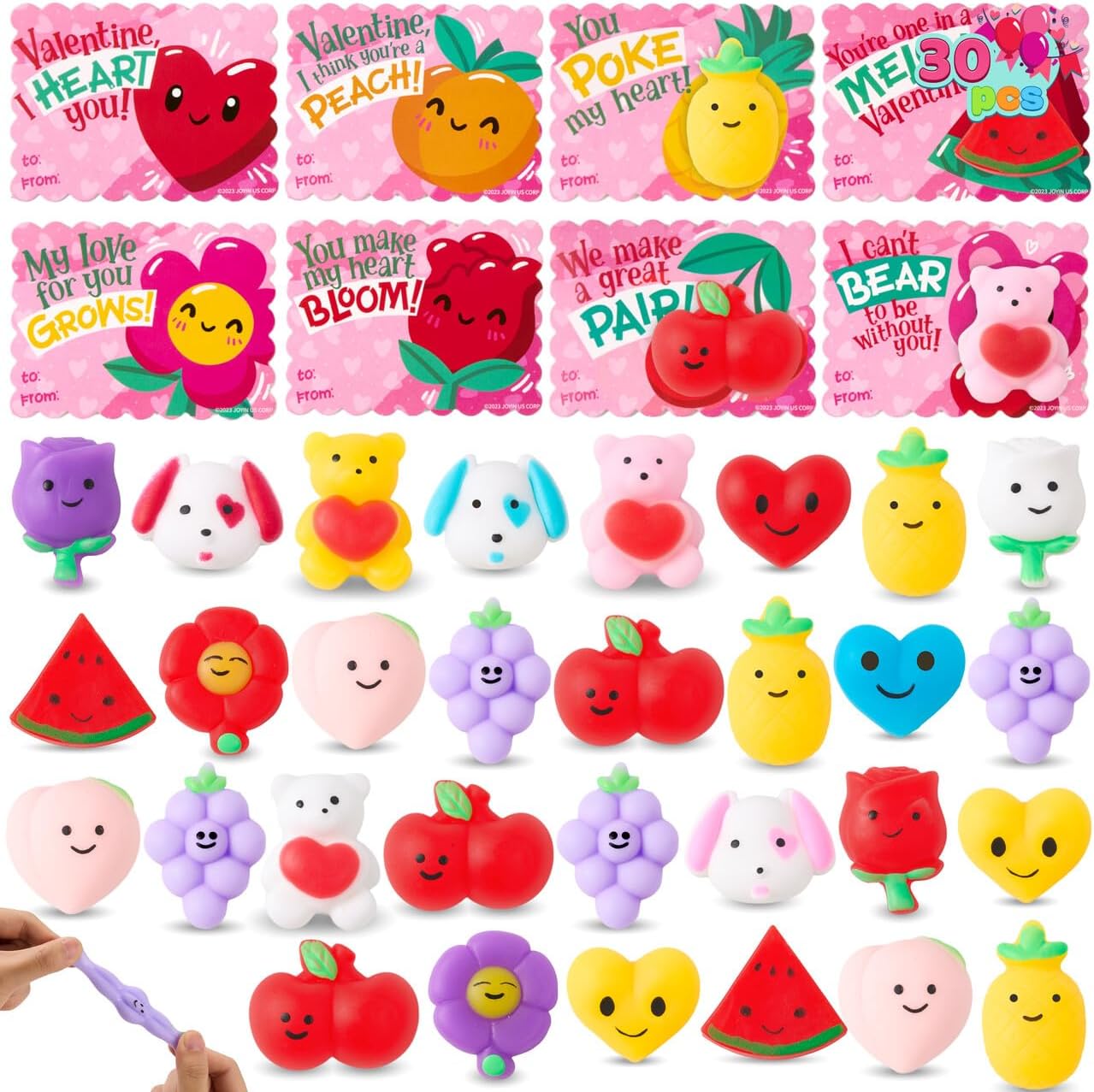 JOYIN 30 Packs Valentine’s Day Gift Cards with Fruit Mochi Squishy Toys, Stress Relief Fidget Toys, Cartoon Squeeze Toy for Kids Valentine's Party Favors, Classroom School Exchange and Game Prize