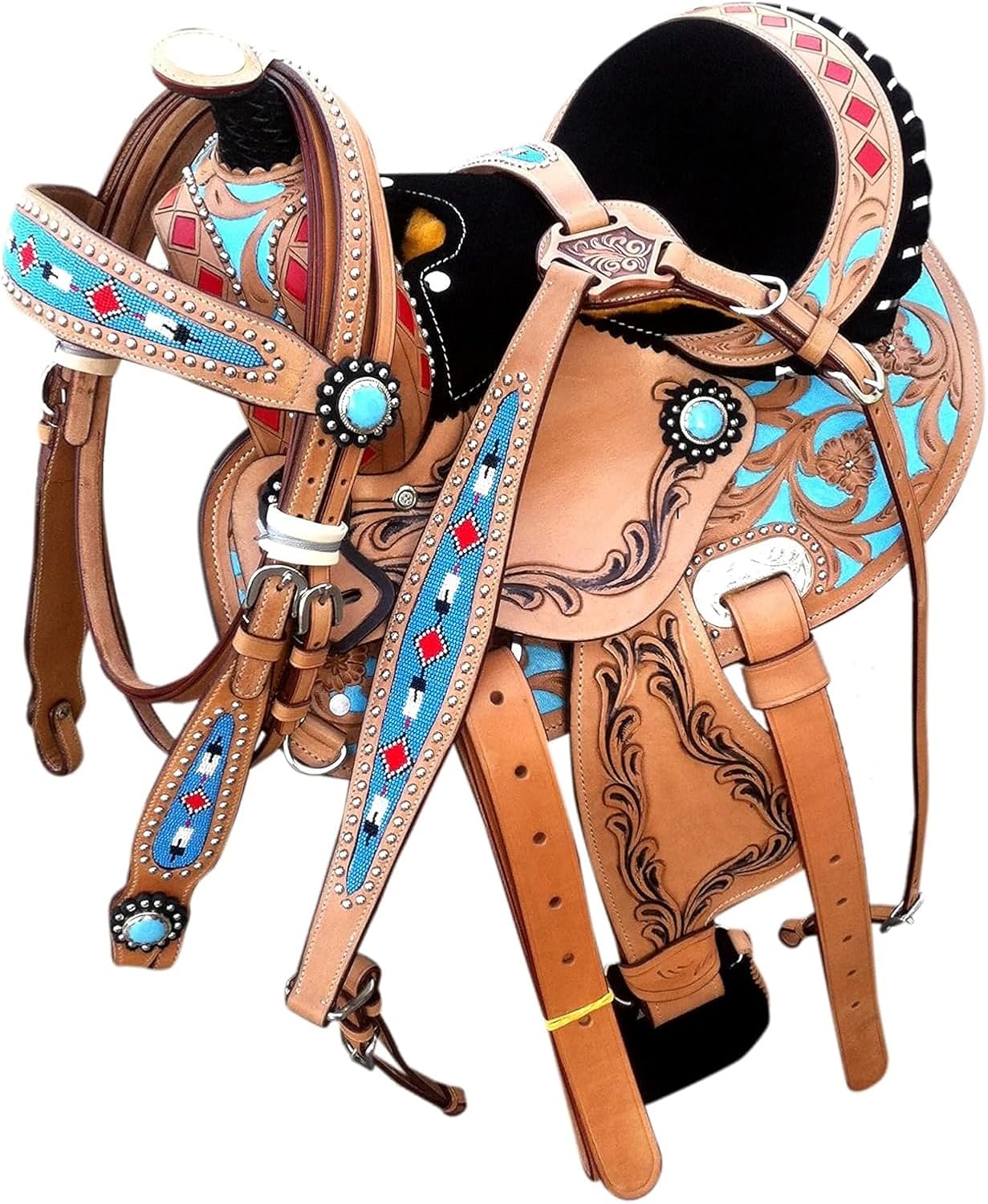 Turquoise Western Miniature Horse Trail Mini Saddle Floral Tooled Tack Set Seat 8" for Kids Youth Children with Headstall Breast Collar Reins KIDS-009