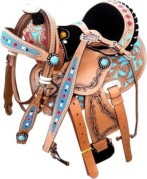 Turquoise Western Miniature Horse Trail Mini Saddle Floral Tooled Tack Set Seat 8" for Kids Youth Children with Headstall Breast Collar Reins KIDS-009
