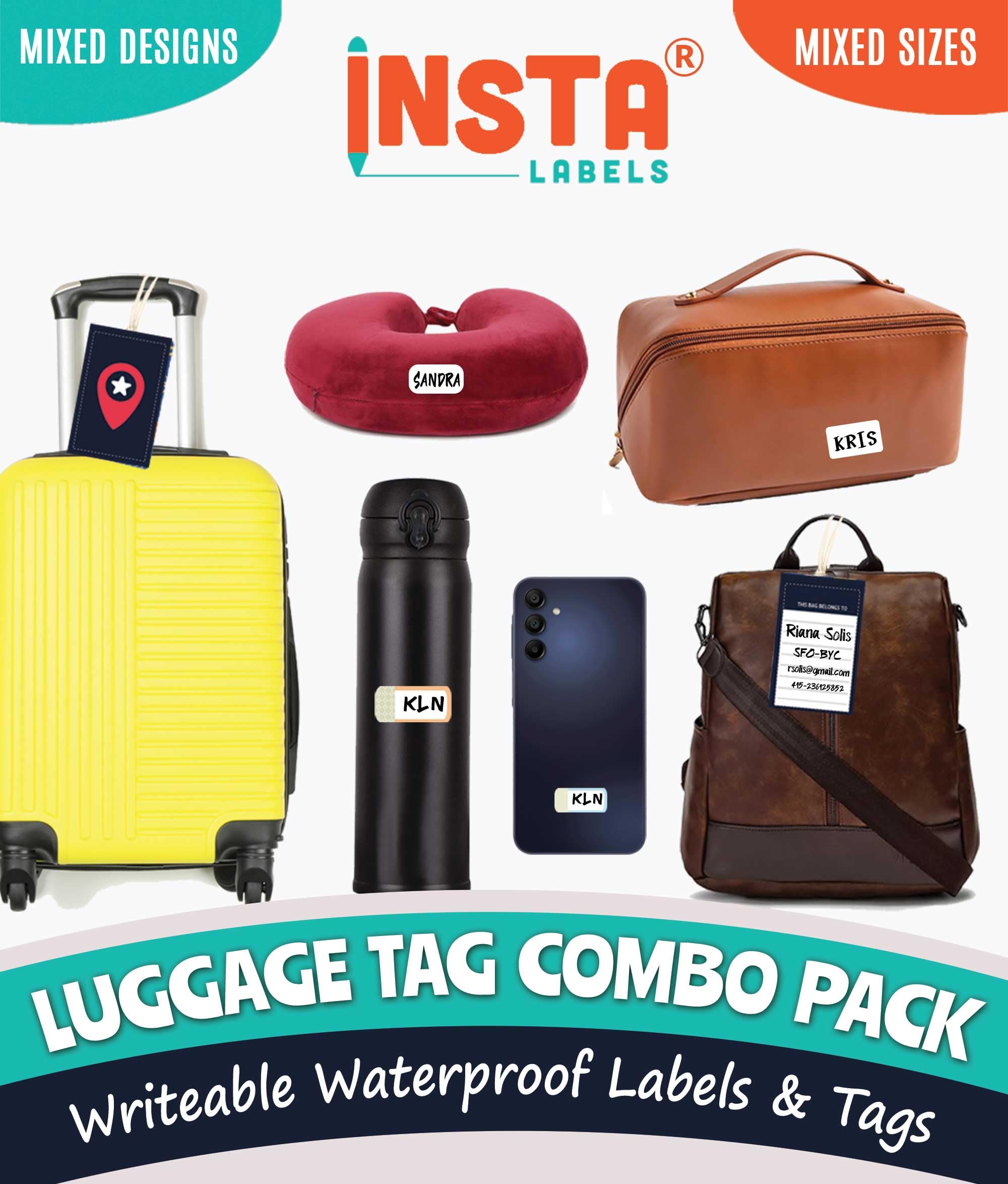 50pc Travel Essentials Kit: 10 Large & Small Luggage Tags for Suitcases, 28 Name ID & Clothing Labels, 6 Security Ties | Bag Tags for Luggage for