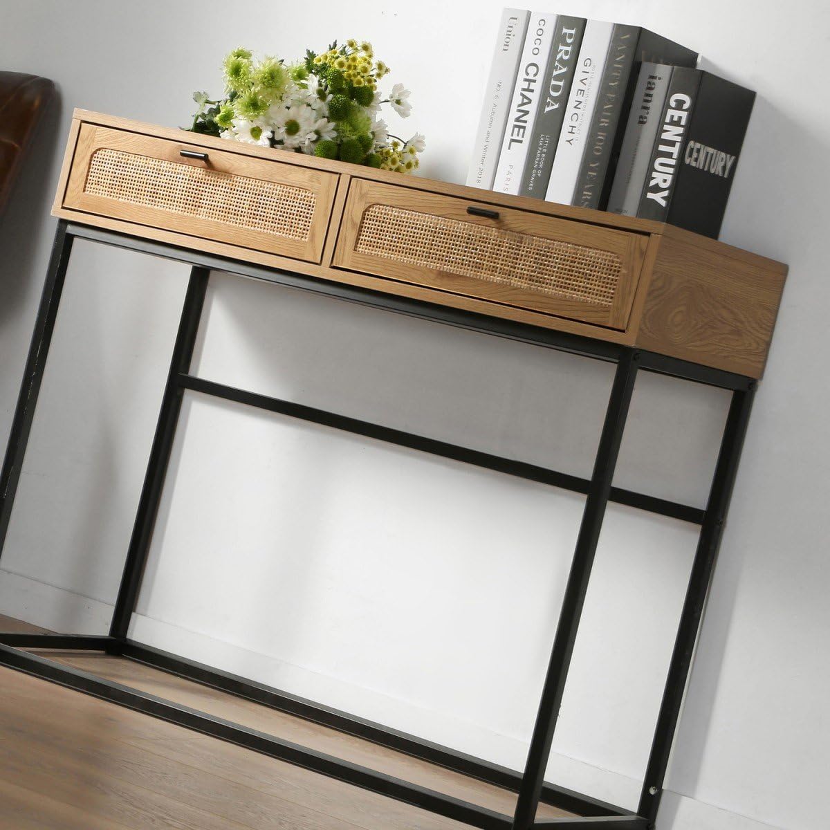 Consolle d'ingresso con 2 cassetti e ripiano inferiore, stile industriale legno vintage e metallo nero, 100 x 35 x 76,5 cm per soggiorno o corridoio | Leroy Merlin