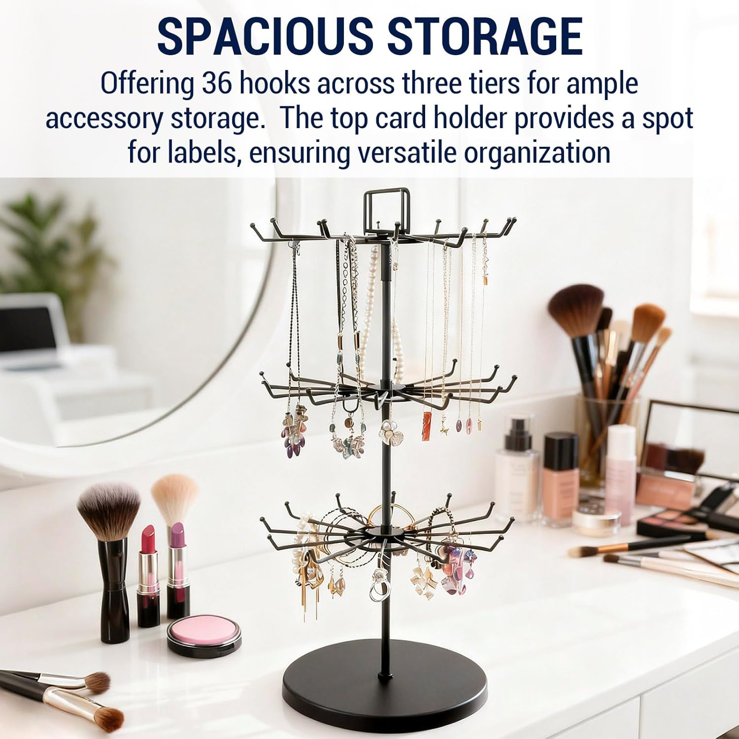 MyGift 3-Tier Matte Black Metal Jewelry Tree Display Stand – 360 Rotating Necklace & Bracelet Organizer Tower with 36 Hooks and Top Sign Holder