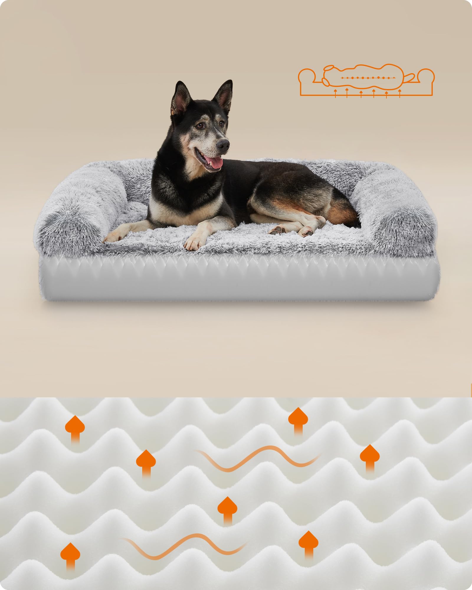 Feandrea FluffyHug Cuccia per Cani, Taglia XL, Divano Letto per Cani di Taglia Media e Grande, di Gommapiuma Ondulata, Copertura Lavabile Sfoderabile, 106 x 80 x 23 cm, Grigio Ombré PGW233G01