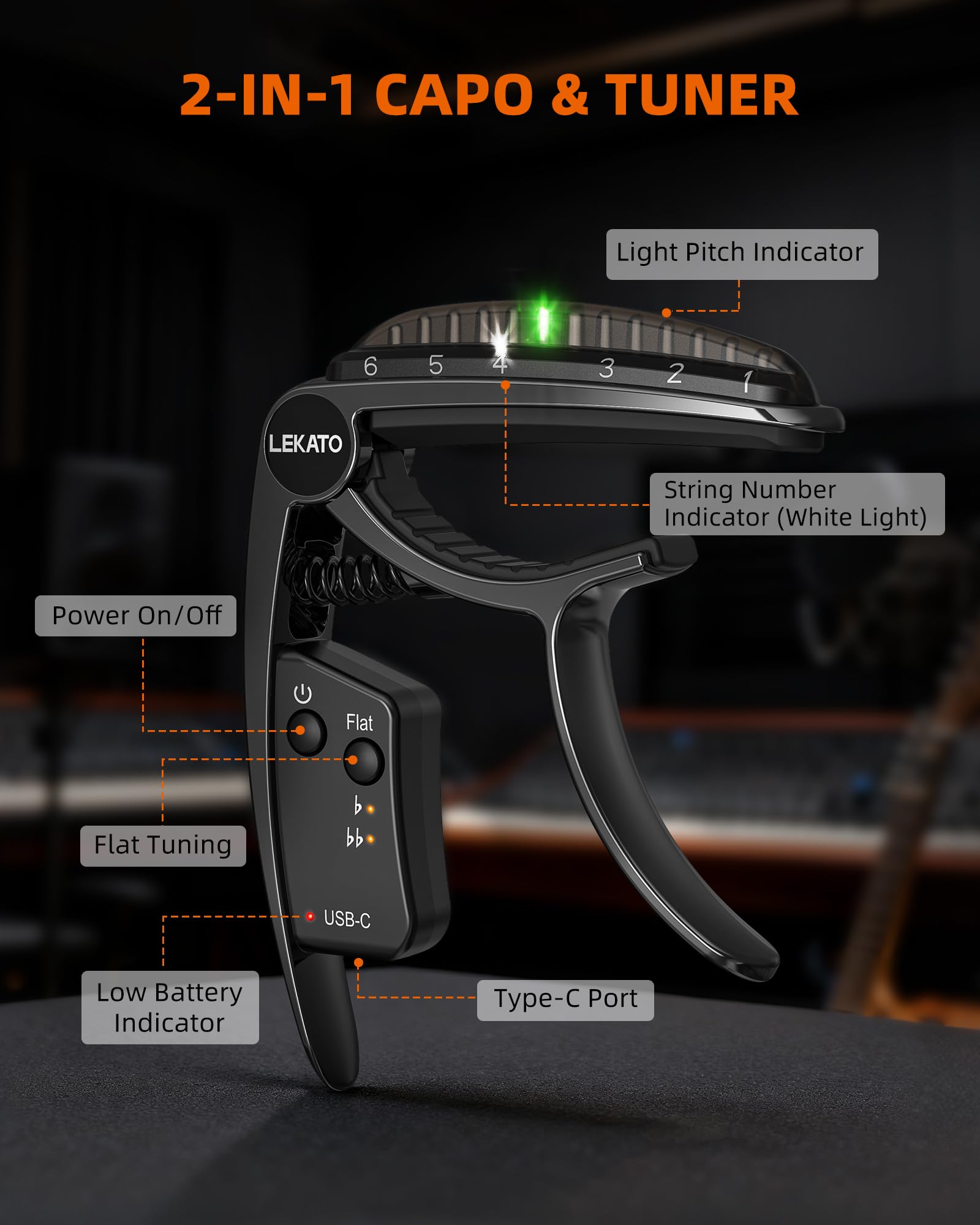 LEKATO Capo-Tuner 2 en 1 para guitarra de 6 cuerdas con batería recargable USB, pantalla LED de iluminación de borde, afinador cromático de guitarra