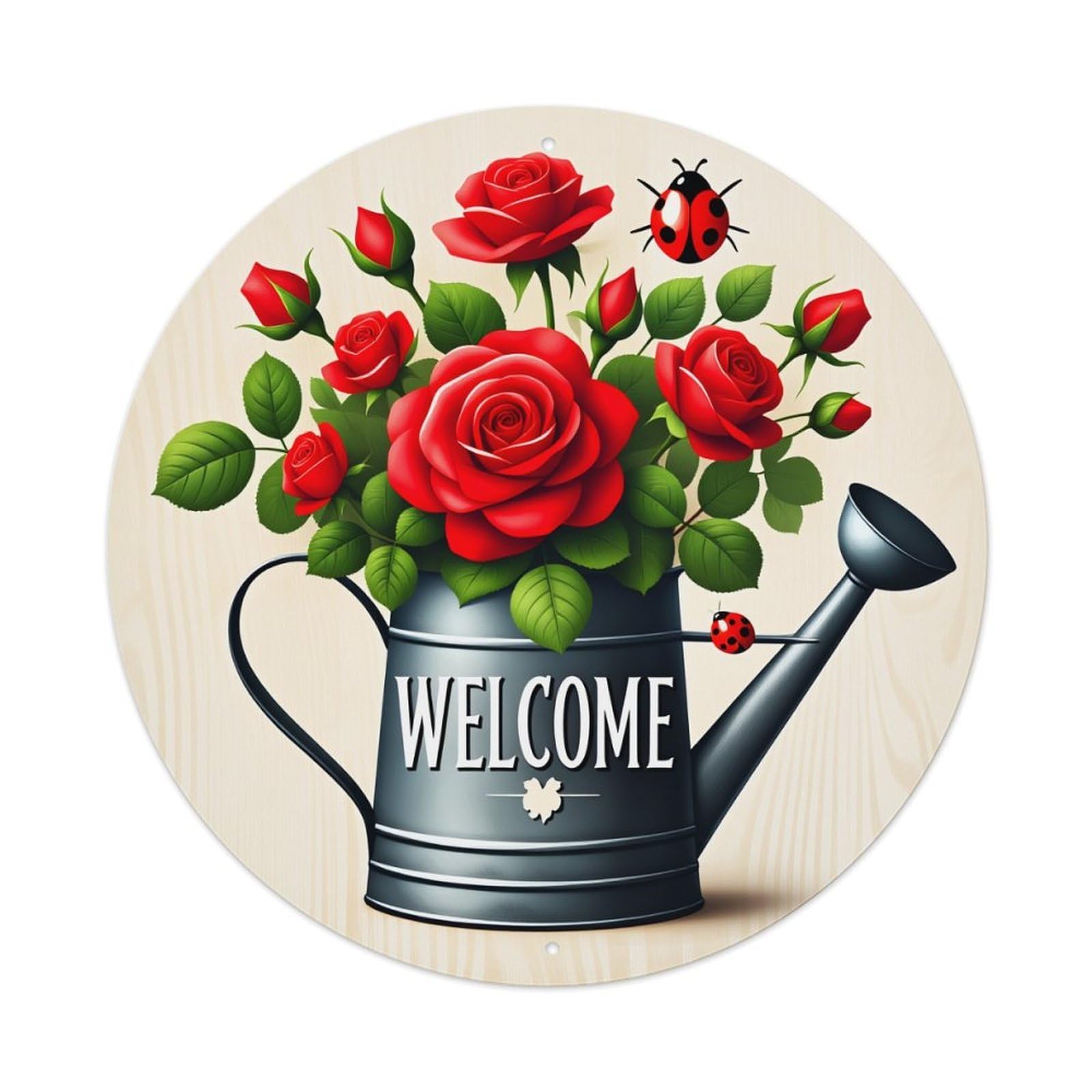 Welcome Roses Ladybug Watering Can Round Tin Sign Vintage Metal Poster Retro Bar, Home, Man Cave, Kitchen, Laundry Room Wall Art Decor Gift 8x8Inch