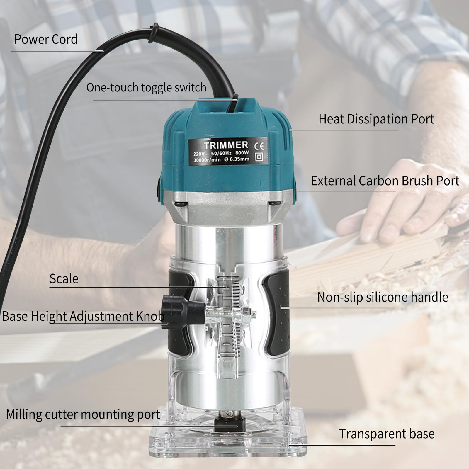 Router Elettrico Diametro 6,35 mm,Fresa Elettrica per Laminati 800 W Fresatrice per Bordi Professionale 30.000 Giri/Min,con set di Frese per Scanalature Nel Legno da 15 Pezzi