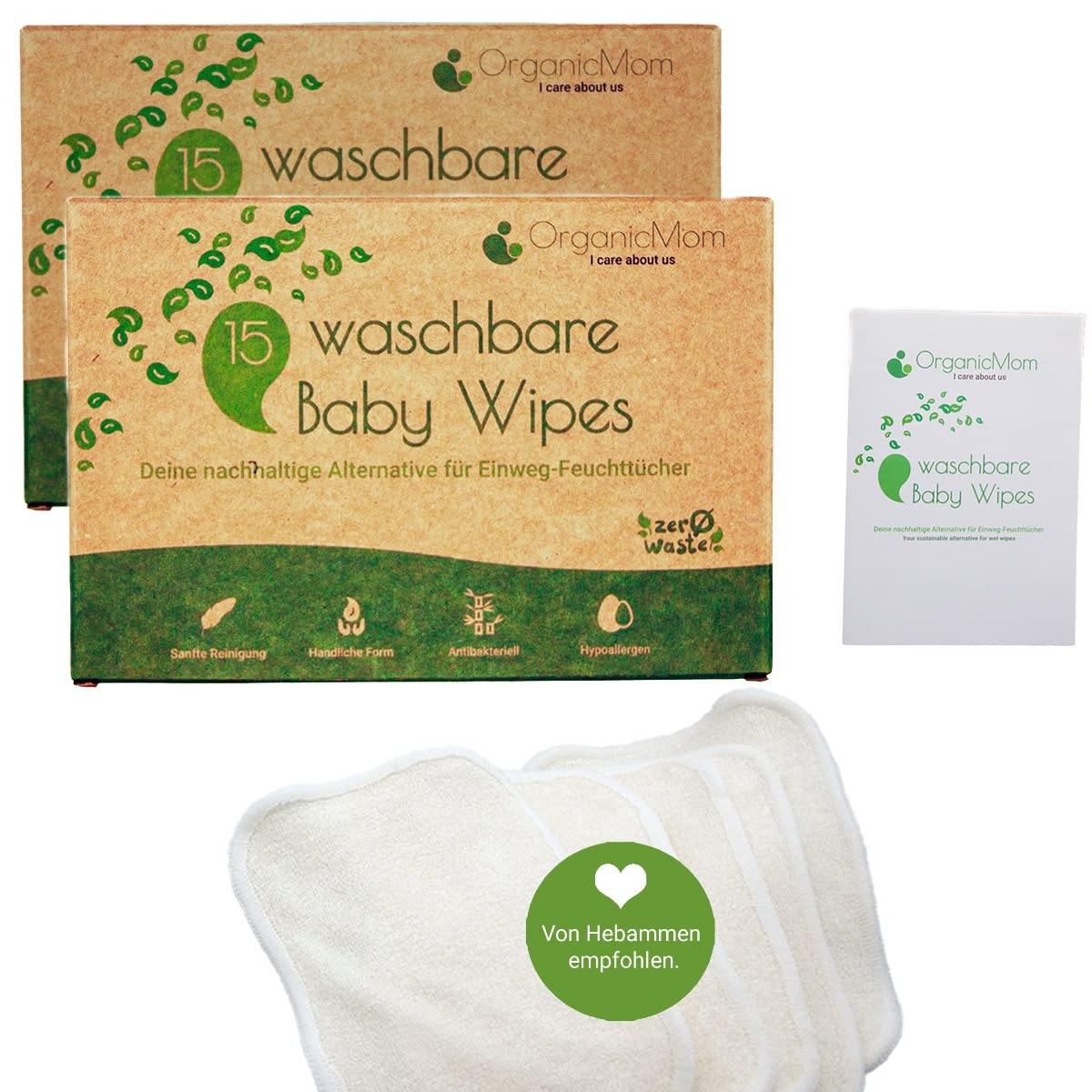 OrganicMom® - Paquete doble de 2 x 15 paños de bambú lavables para bebé, incluye red de lavandería, paños húmedos lavables sostenibles, repuesto para toallitas húmedas desechables para bebés, de bambú