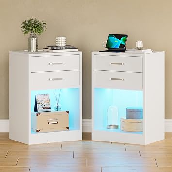 ADORNEVE LED Nightstands Set of 2,Night Stands for Bedrooms Set of 2,Nightstand with Charging Station and LED Lights,White Bedside Table with Power Outlets & Drawers,Modern End Side Table