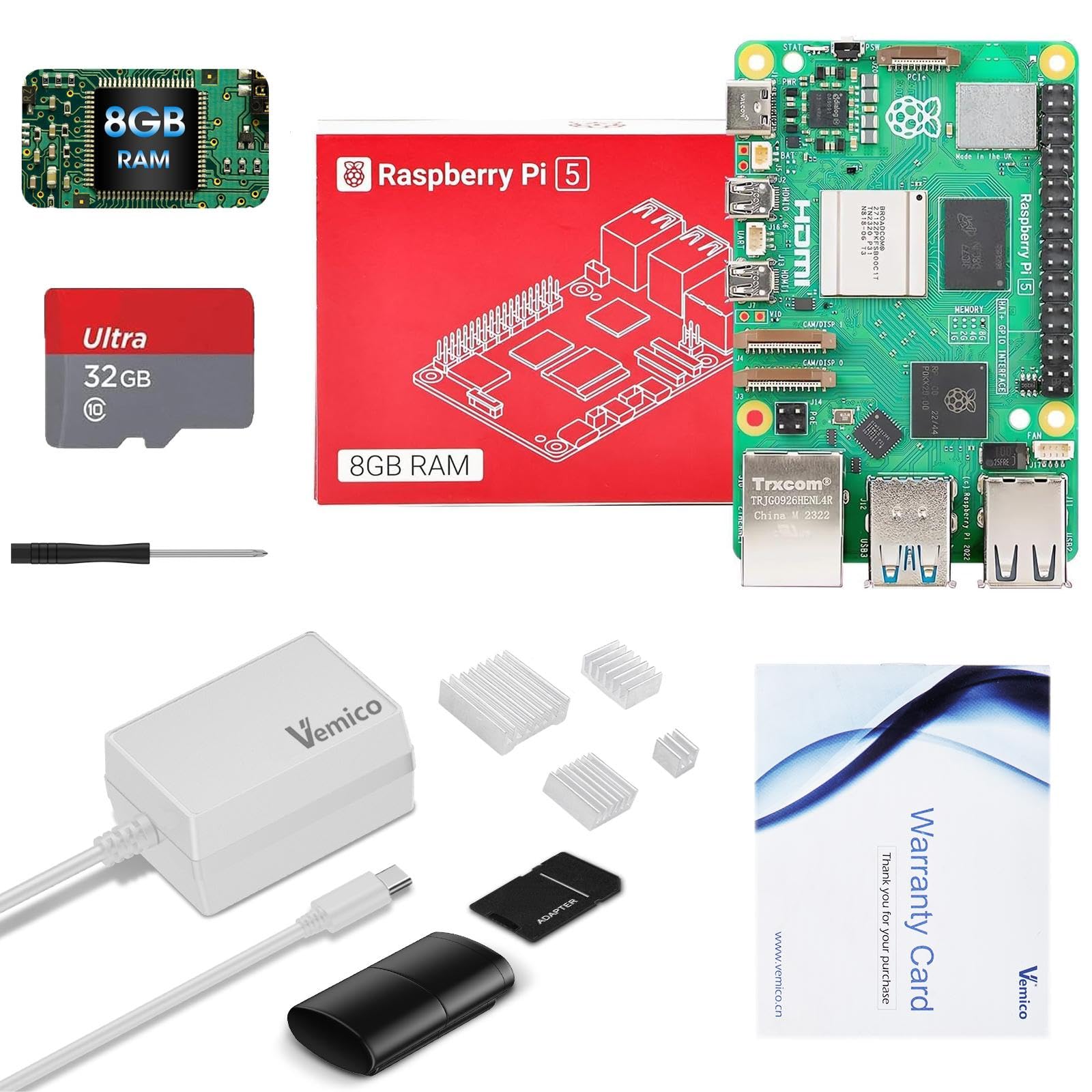 VemicoRaspberry Pi 5 Kit 8GB RAM with 32GB Card Readers Kit, 27W 5.1V5A PD Power Supply for Raspberry Pi 5, Aluminum Heatsinks 4pcs and Pi 5 8GB Board