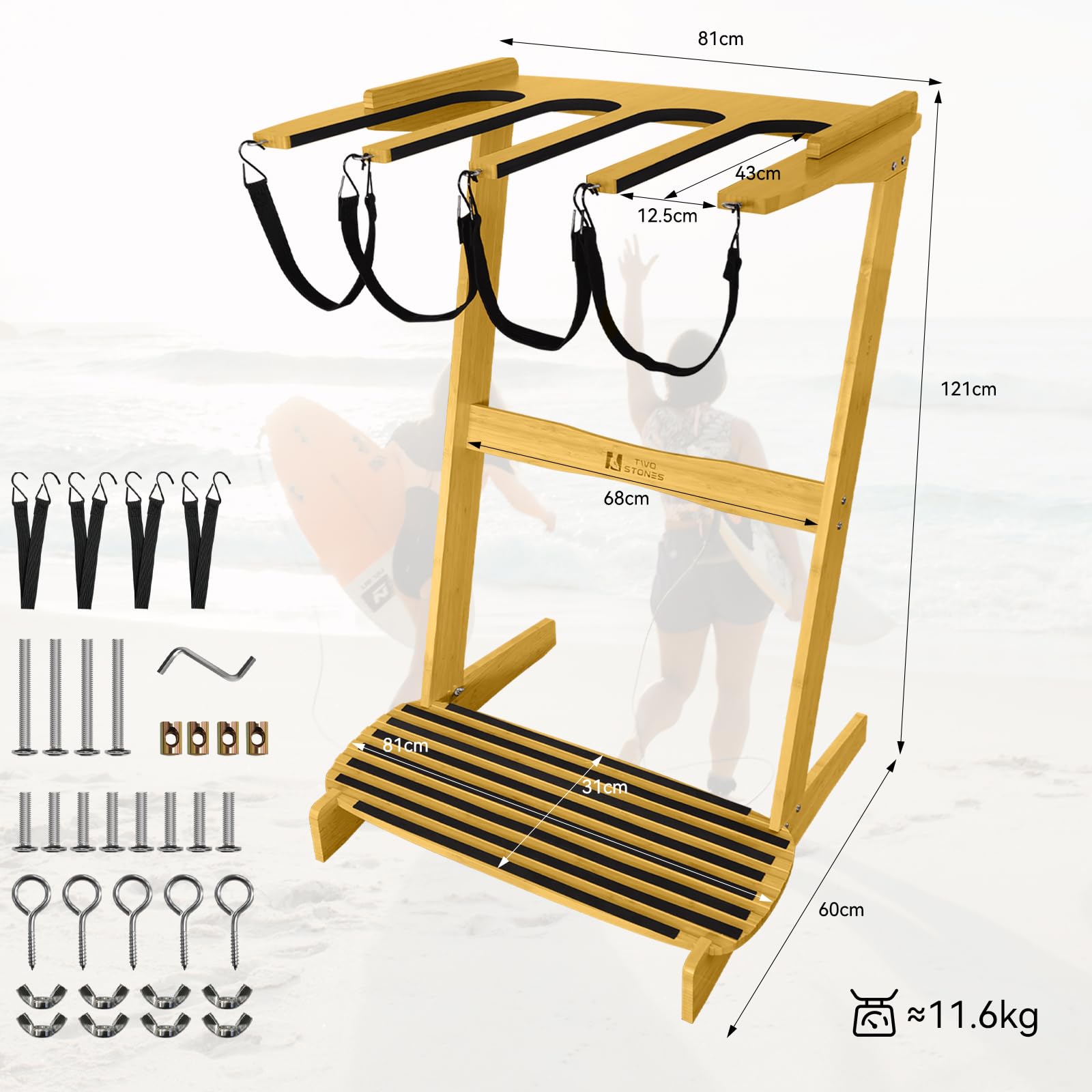 TWO STONES Support vertical pour planche de surf – Support mural libre pour planche de surf shortboard, paddle, snowboard, skateboard, ski et wakeboard (4 planches)