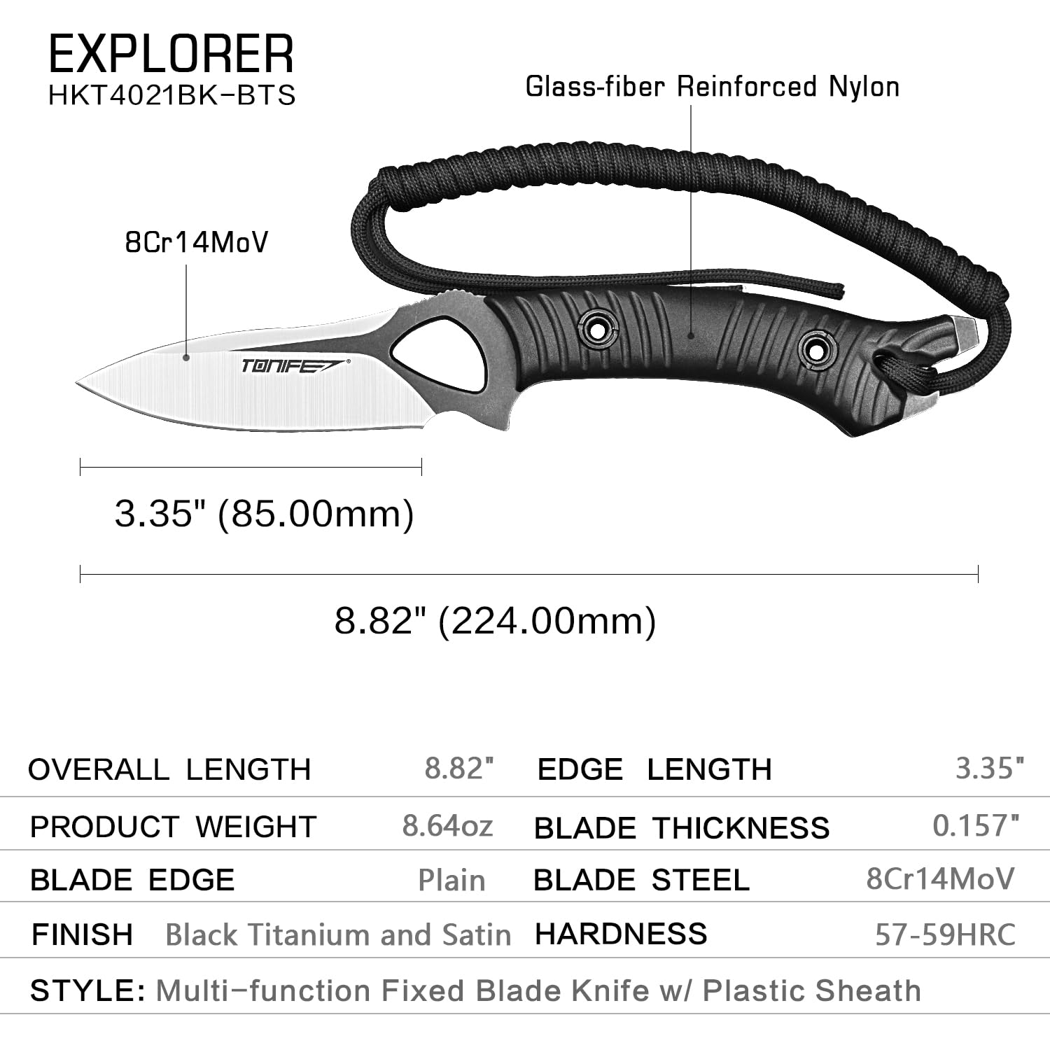 TONIFE Explorer Nóż ze stałym ostrzem z pokrywą 8Cr14MoV Blade wielofunkcyjny nóż survivalowy, wzmocniony włóknem szklanym z nylonowym uchwytem do noża EDC (czarny+czarny tytan i satyna)