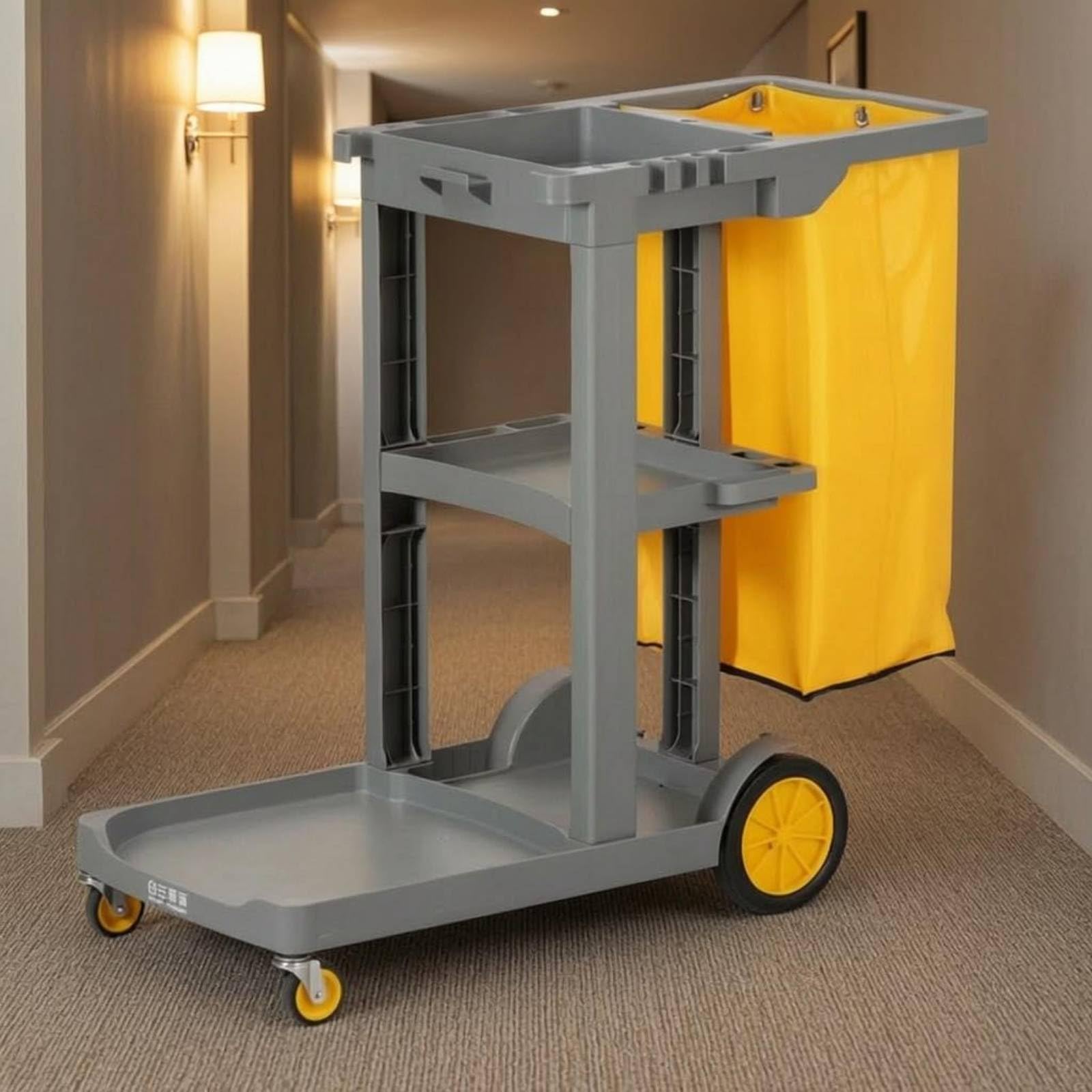 Carrello Pulizie Carrello Pulizia Trolley Organizzatore Carrello Servizio Carrello Detergenti Corpo in Plastica Rigida con Vassoio Inferiore Piatto, Grigio