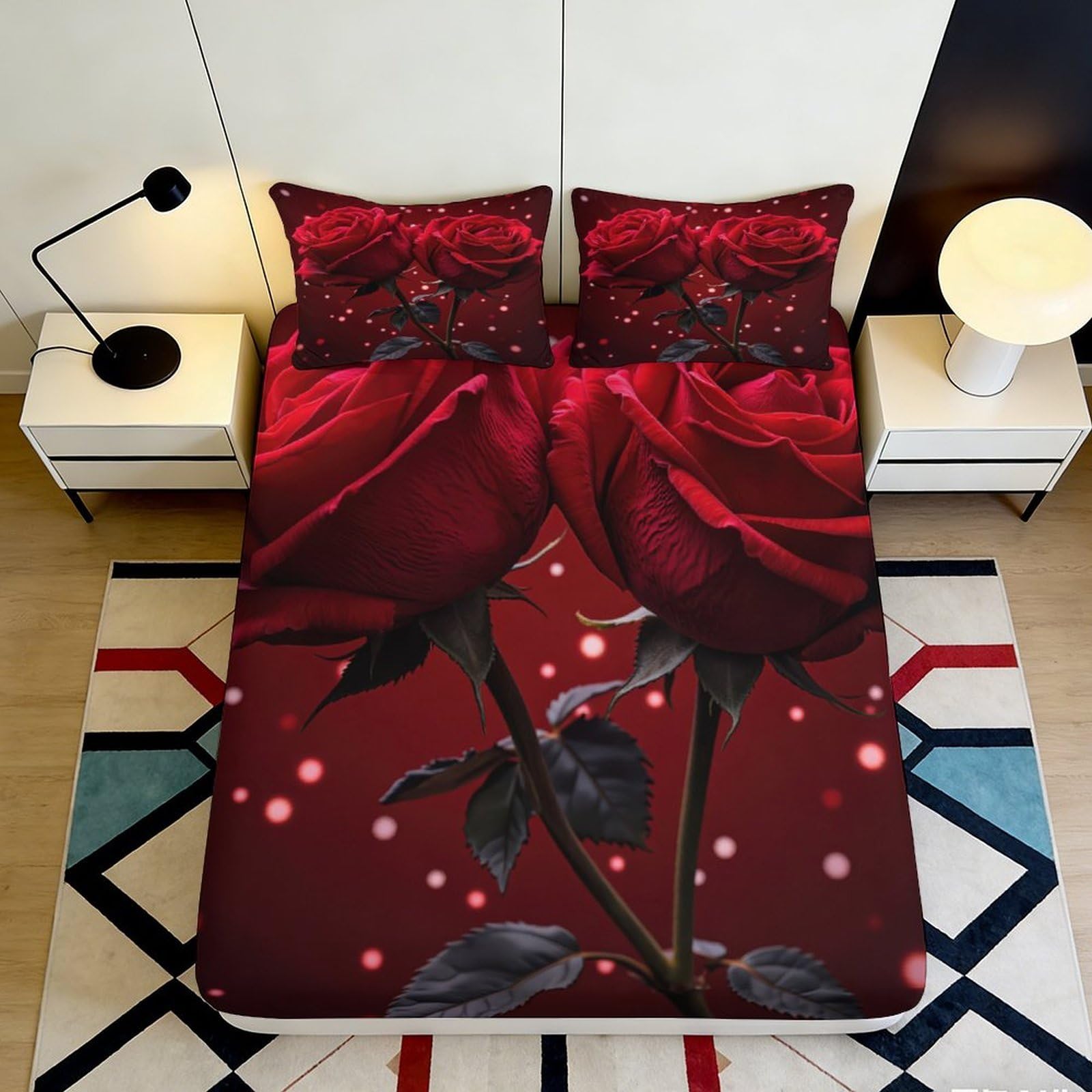 3D Printed Red Rose Fitted Sheet, Microfiber Soft Touch, Wrinkle Resistant, Bed Cover for Master Bedroom, Guest Room, Apartment Bedding, Easy Care, 160x200x25cm