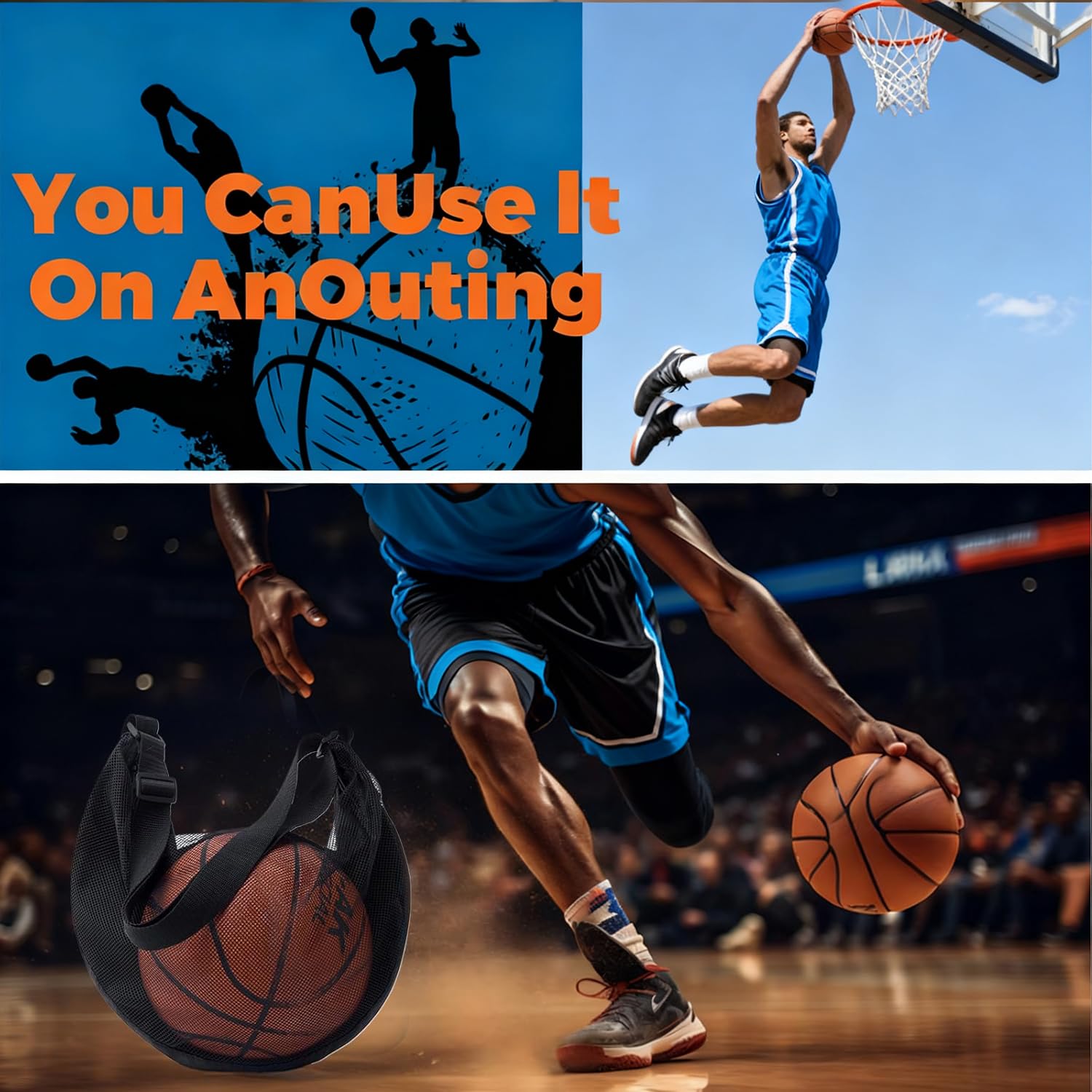 WUBAYI Sac à dos de basket-ball / sac de sport en maille filet avec mousqueton / sac de sport / sac de sport avec mousqueton / sac de transport de ballon de football / cerceaux - Accessoires de sport