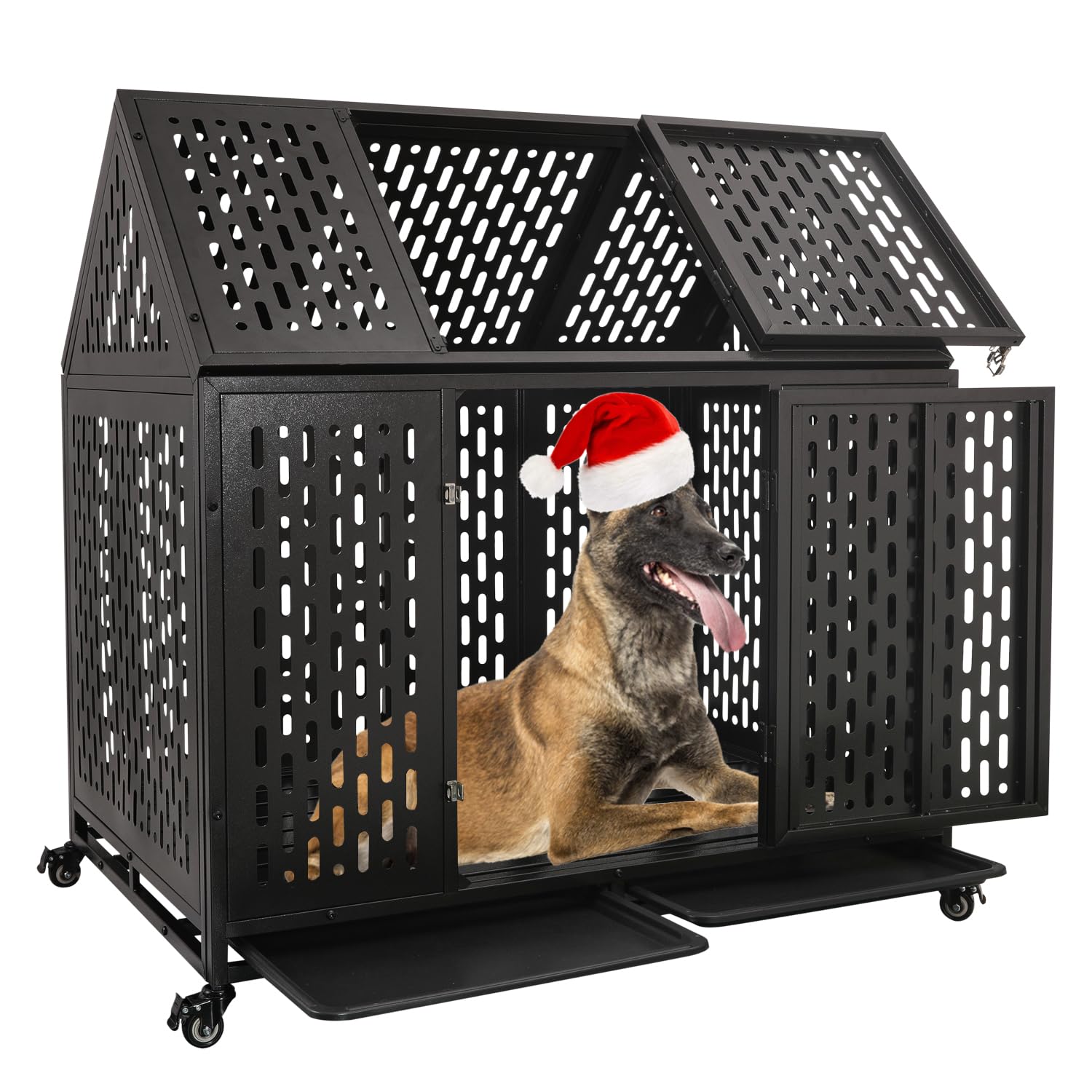 Ufyerutg 44 inch Heavy Duty Dog Crate with Wheels, High Anxiety Indestructible Pet Cage for Large Medium Dogs, Indoor Double Door Dog Kennel with 2